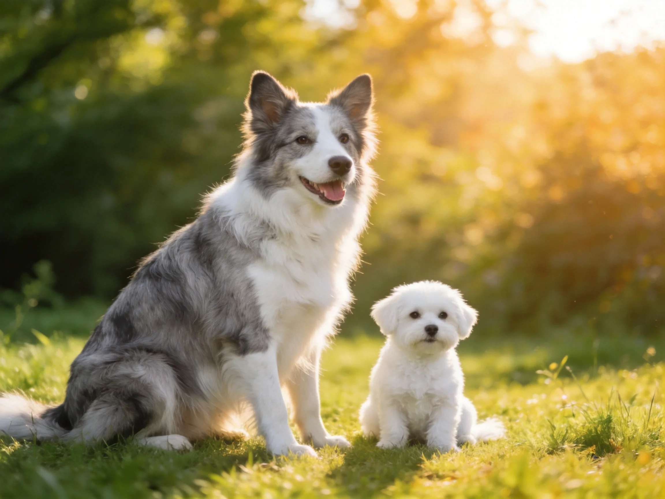 Two dogs of different sizes sit together on grass in sunlight.