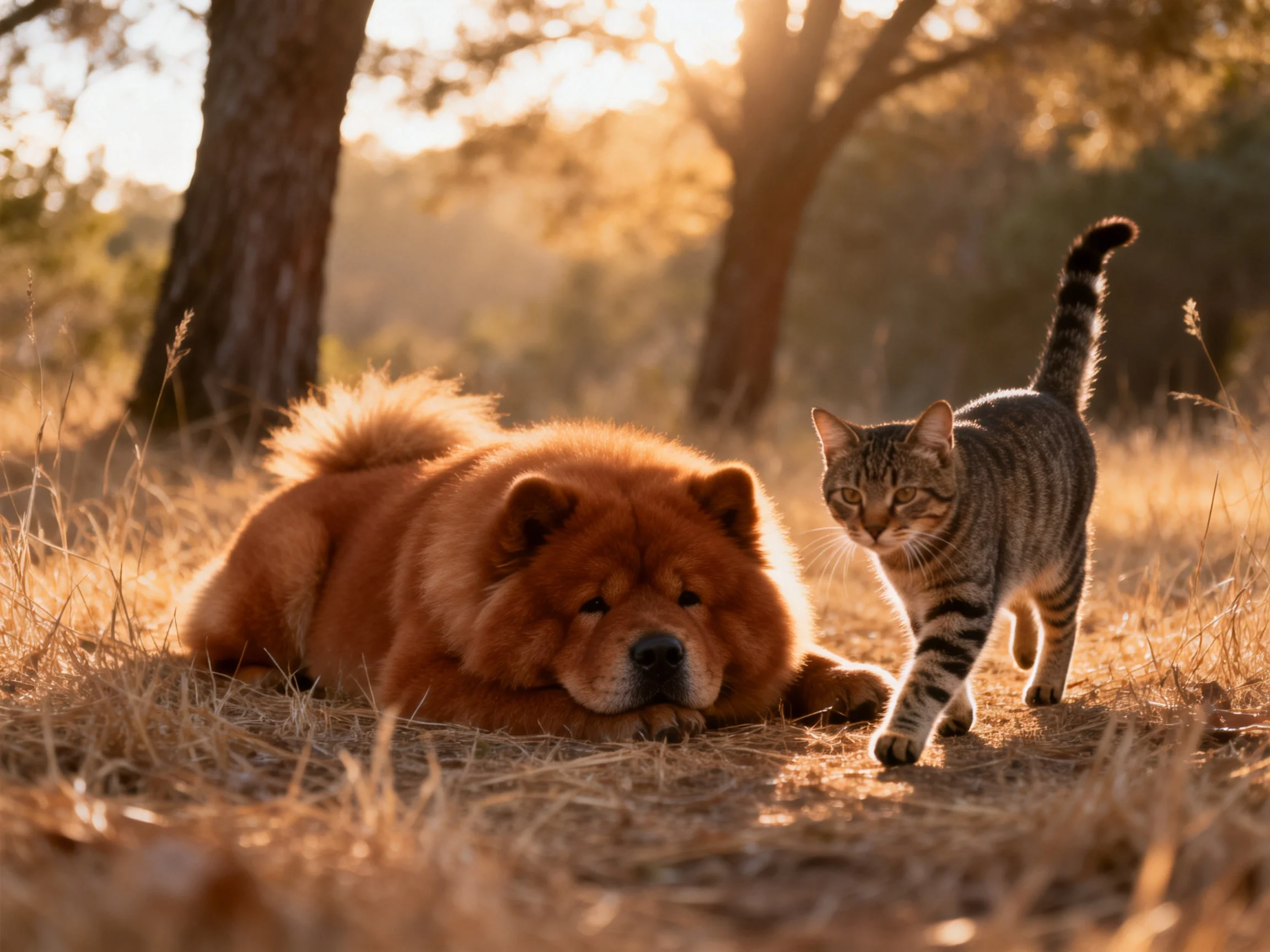 A large dog rests as a cat approaches in a sunlit wooded area