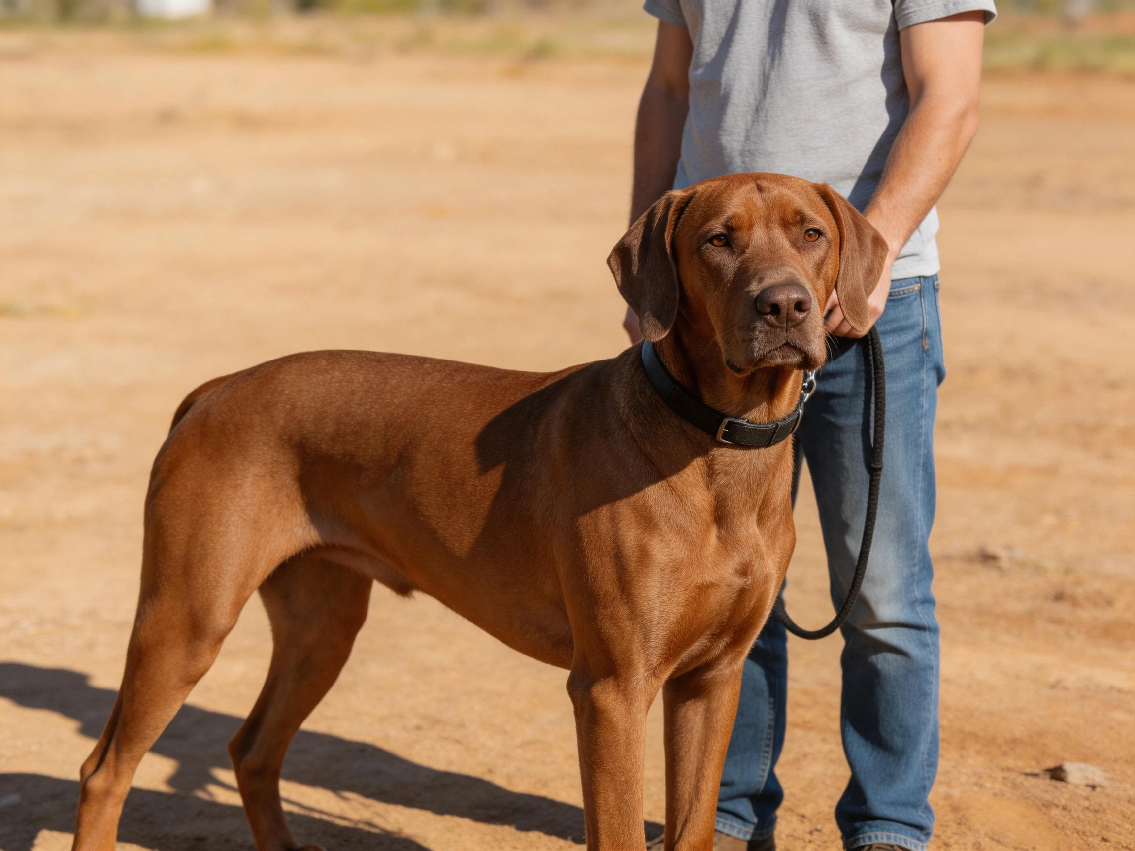 A large reddish-brown dog stands beside a person wearing blue jeans in an outdoor setting.