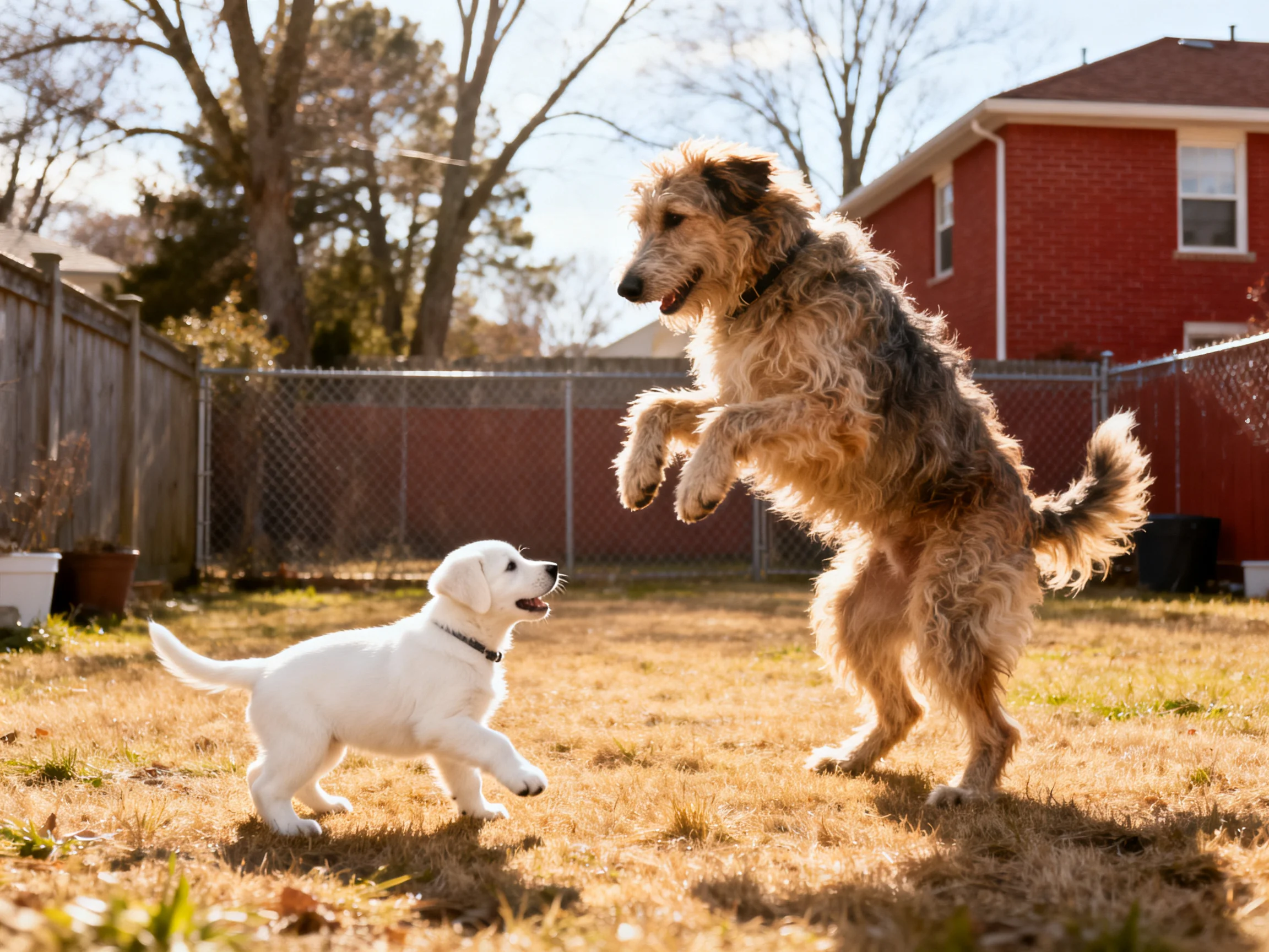A large shaggy dog and small white puppy play in a sunny backyard near a red house