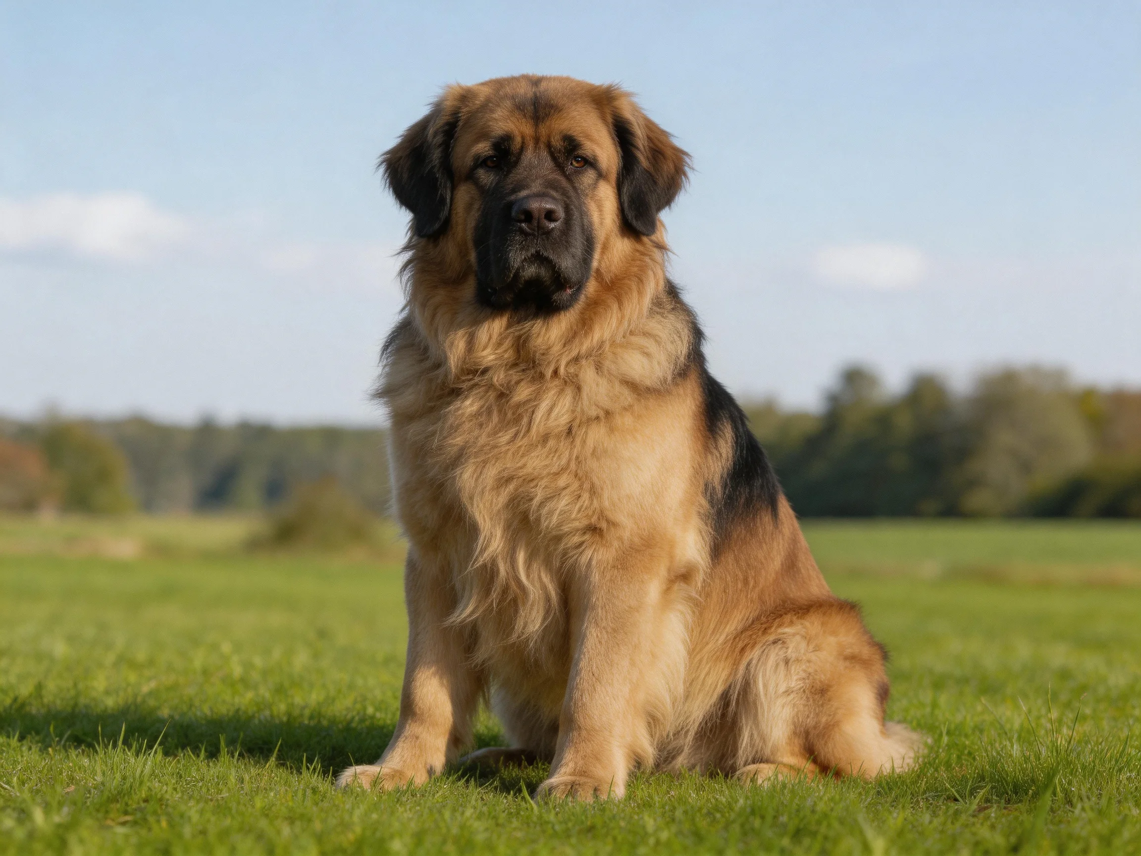 A large tan and black dog sits calmly in an open grassy field.