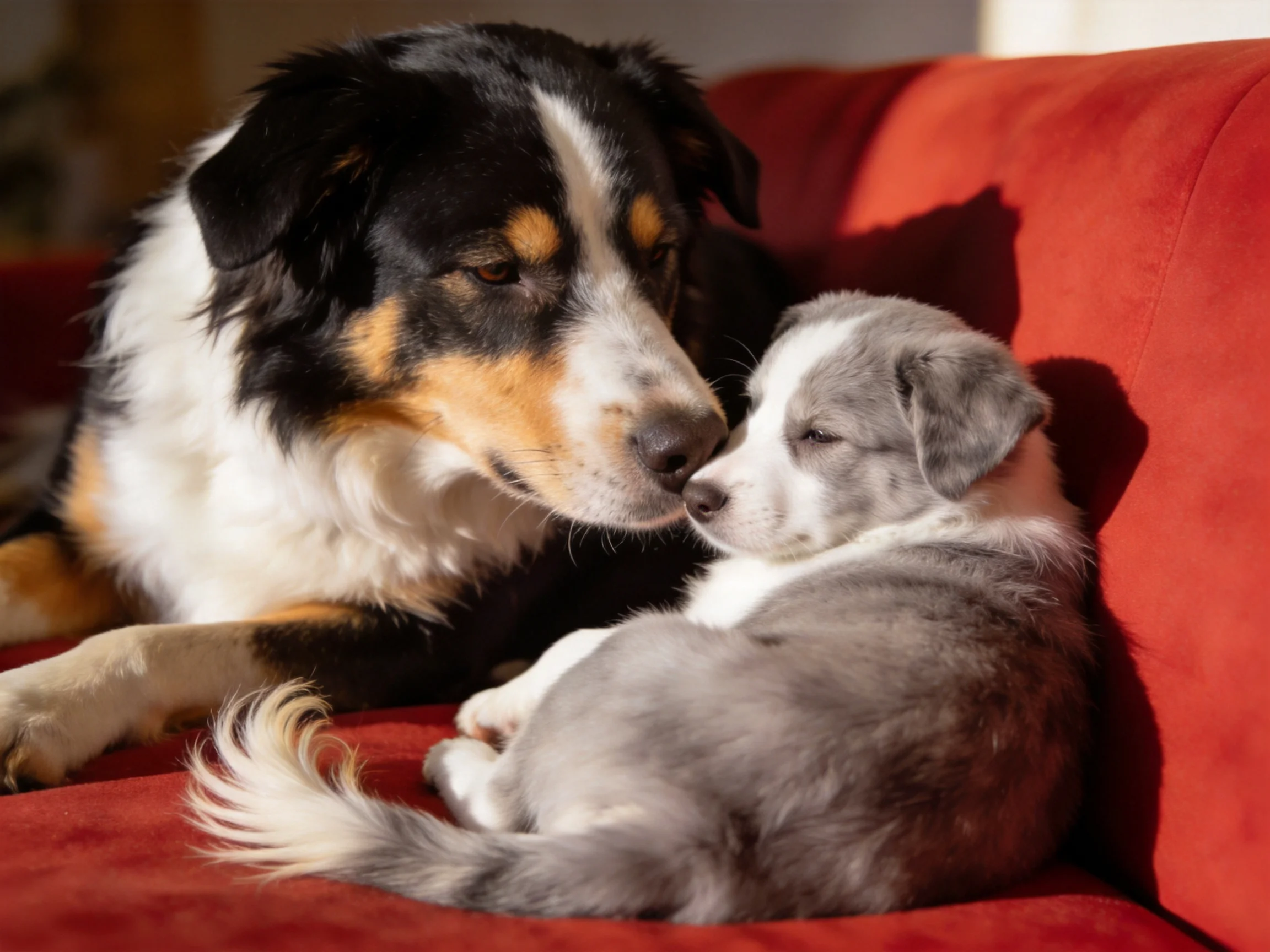 A large dog and small puppy share a moment on a red couch