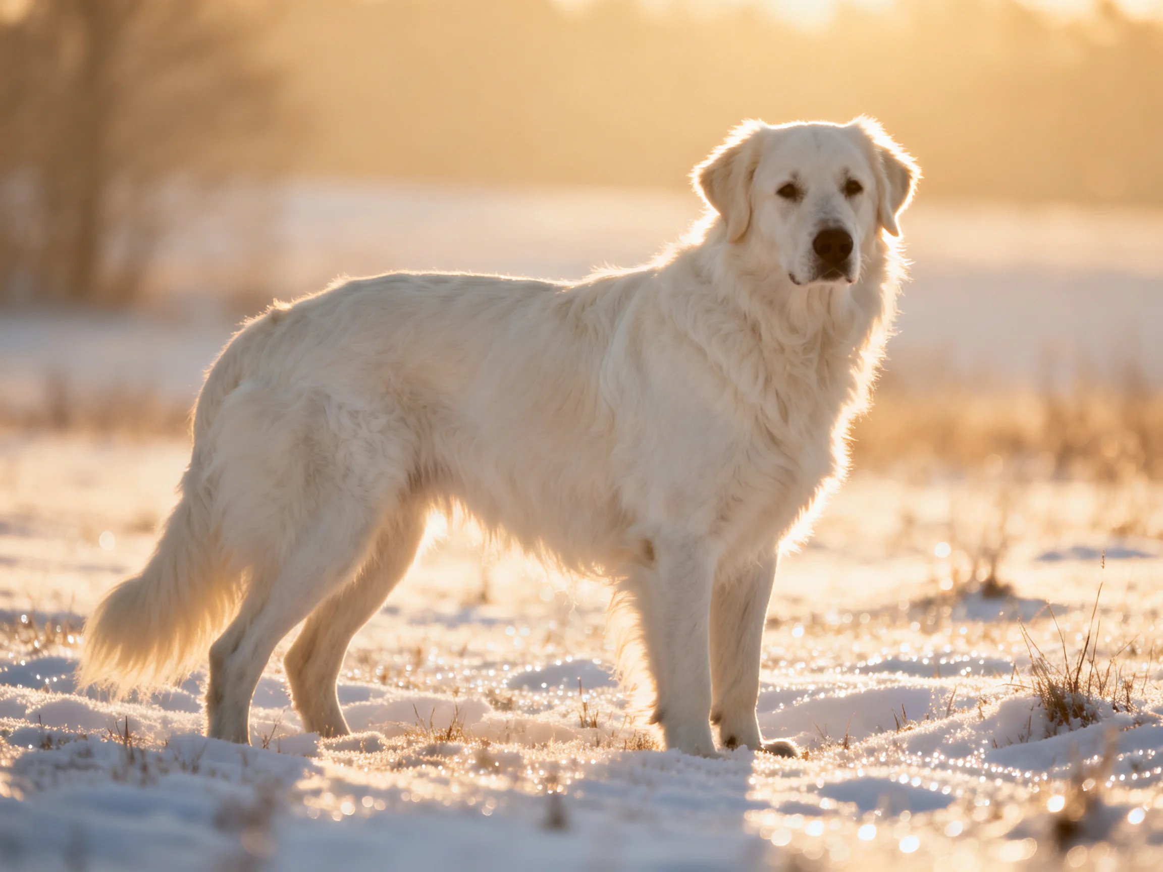 A large white dog stands in a sunlit snowy area.