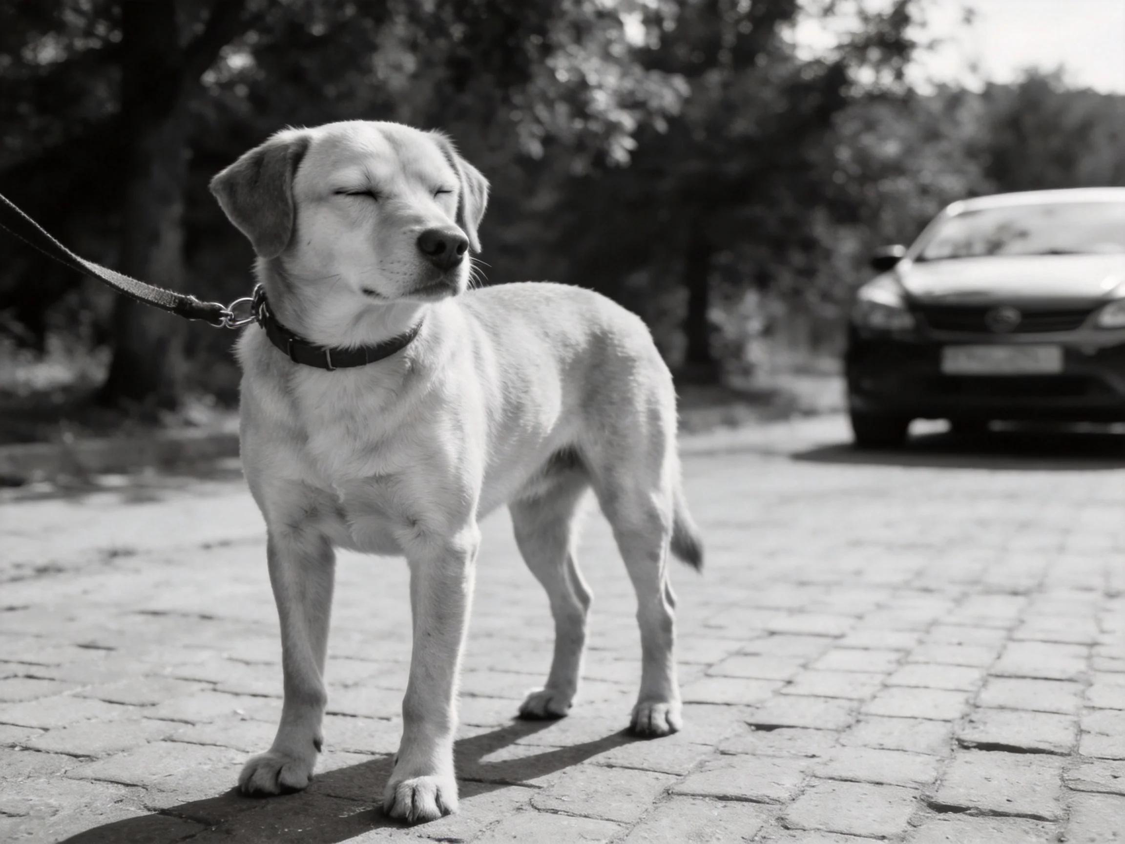 A leashed dog stands on a cobblestone path with a car nearby.