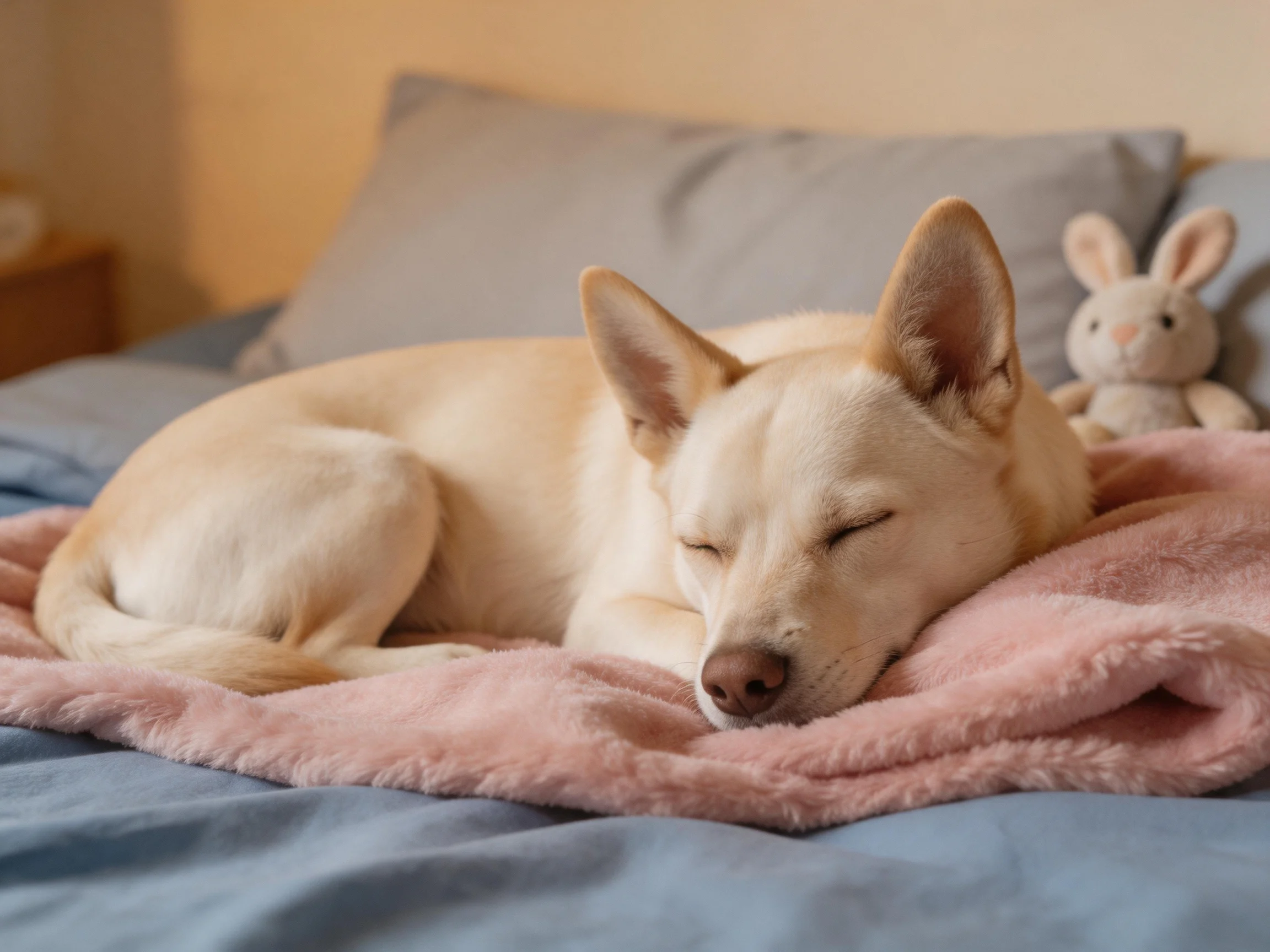 A light - colored dog sleeps on a pink blanket near gray pillows