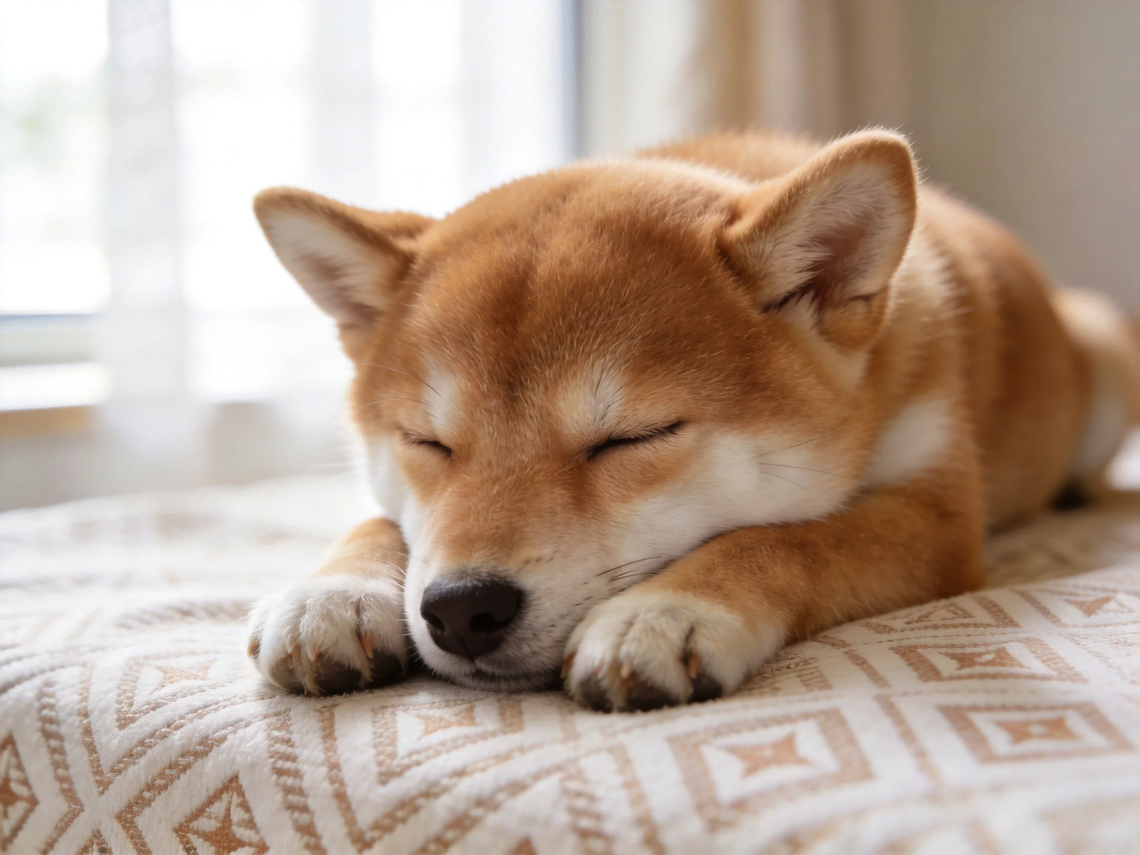 A light brown Shiba Inu puppy sleeps on a patterned cushion near bright windows