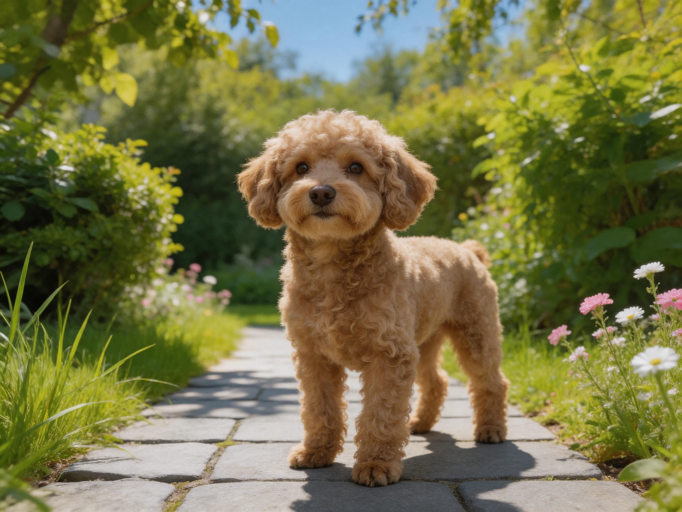 A small brown dog stands on a stone path surrounded by greenery and flowers.