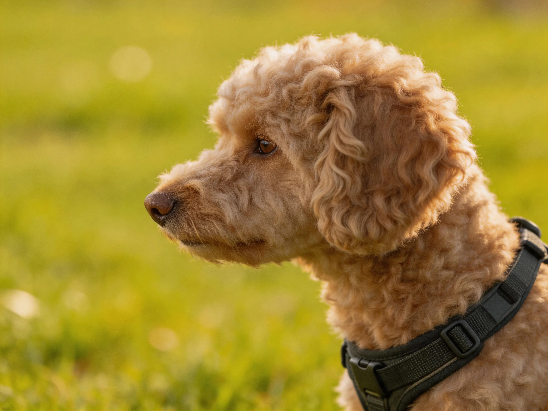 A light brown dog with a black harness is in a sunlit grassy area.