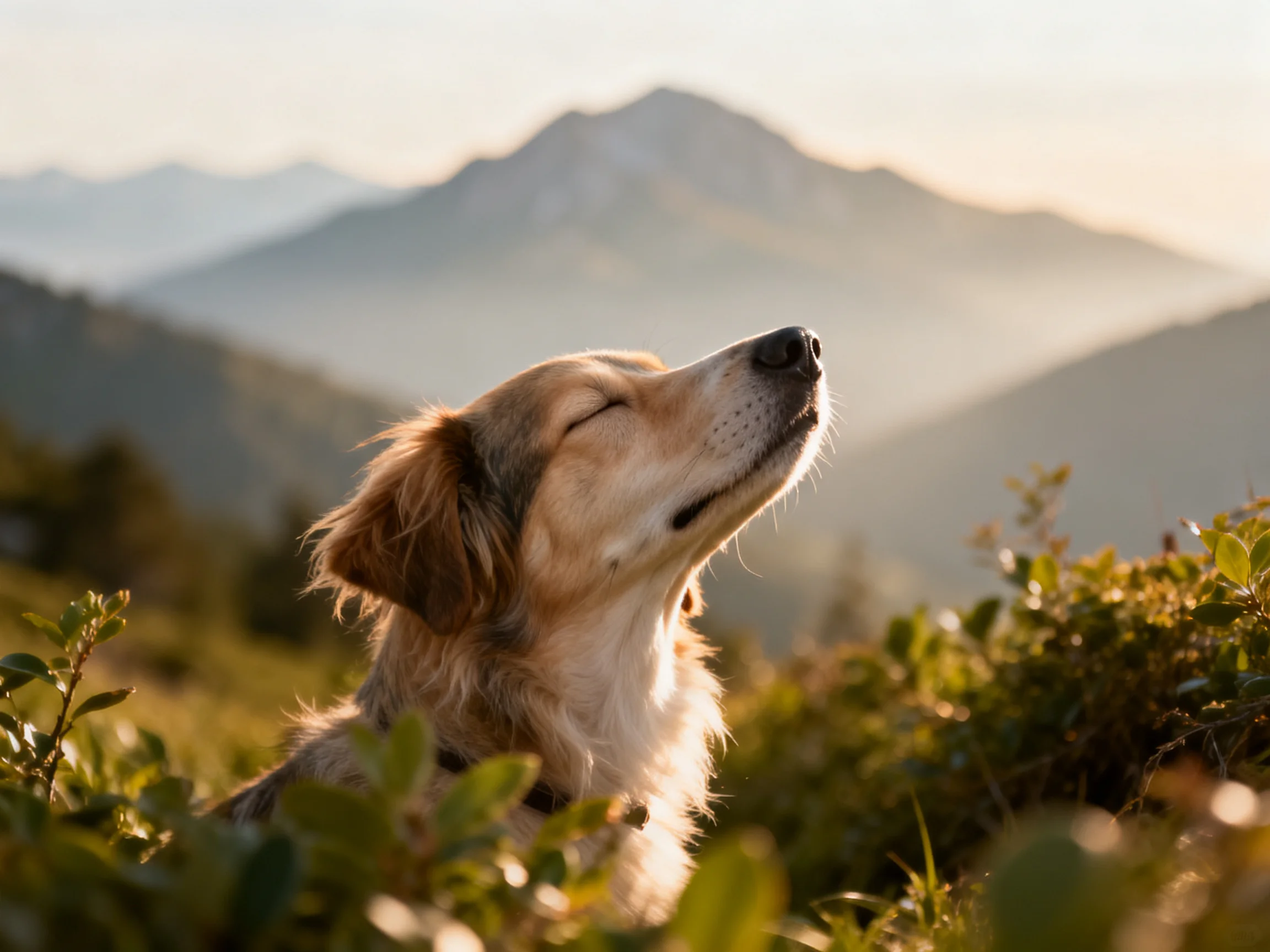 A light brown dog relaxes among greenery with misty mountains