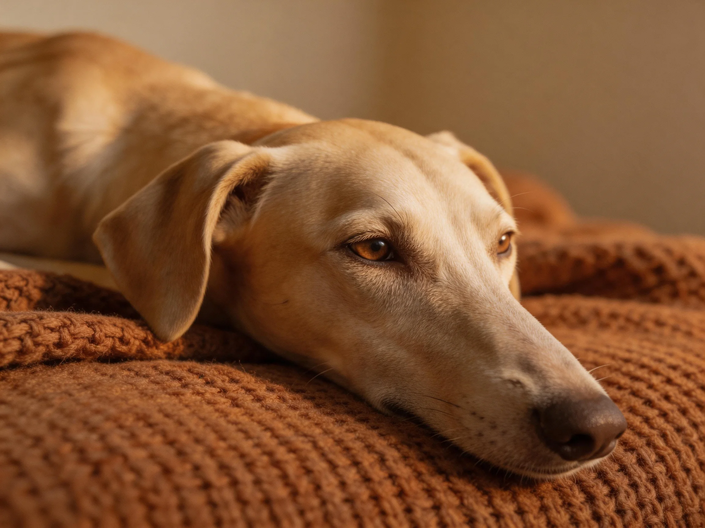 A light brown dog rests on a textured brown blanket with warm lighting
