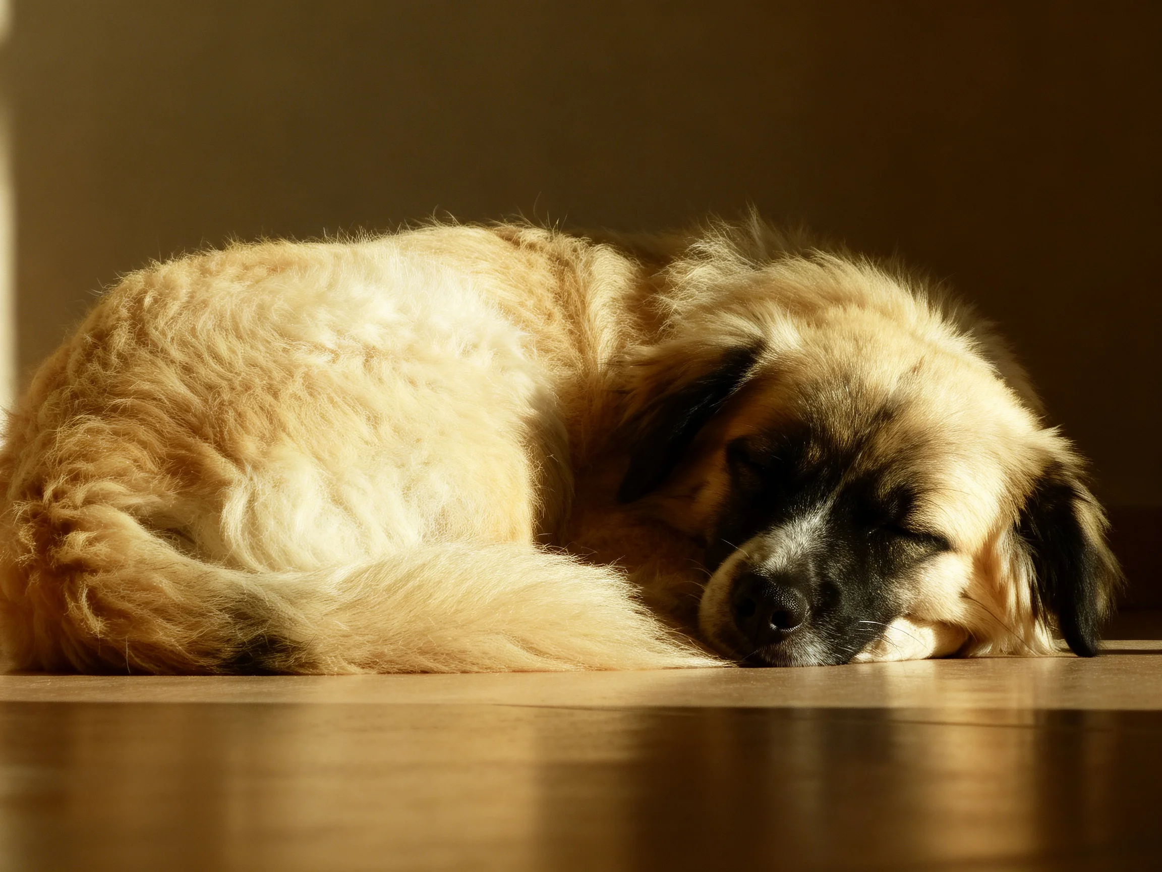 A light brown dog sleeps contentedly on a wooden floor in warm sunlight.