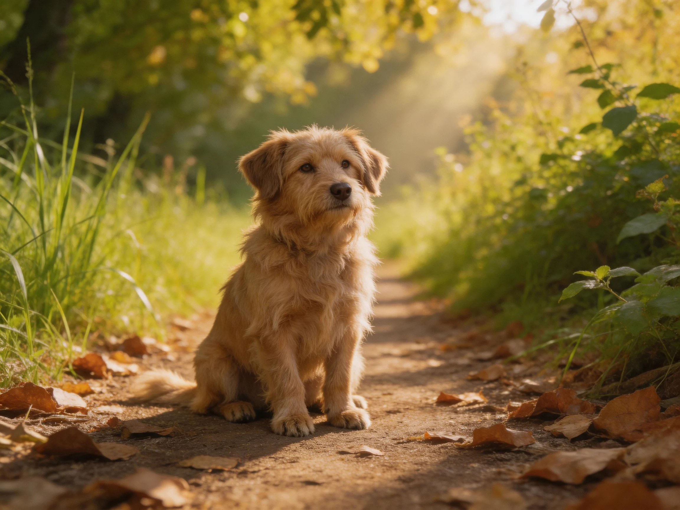 A light brown mixed-breed dog sits on a leaf-covered dirt path