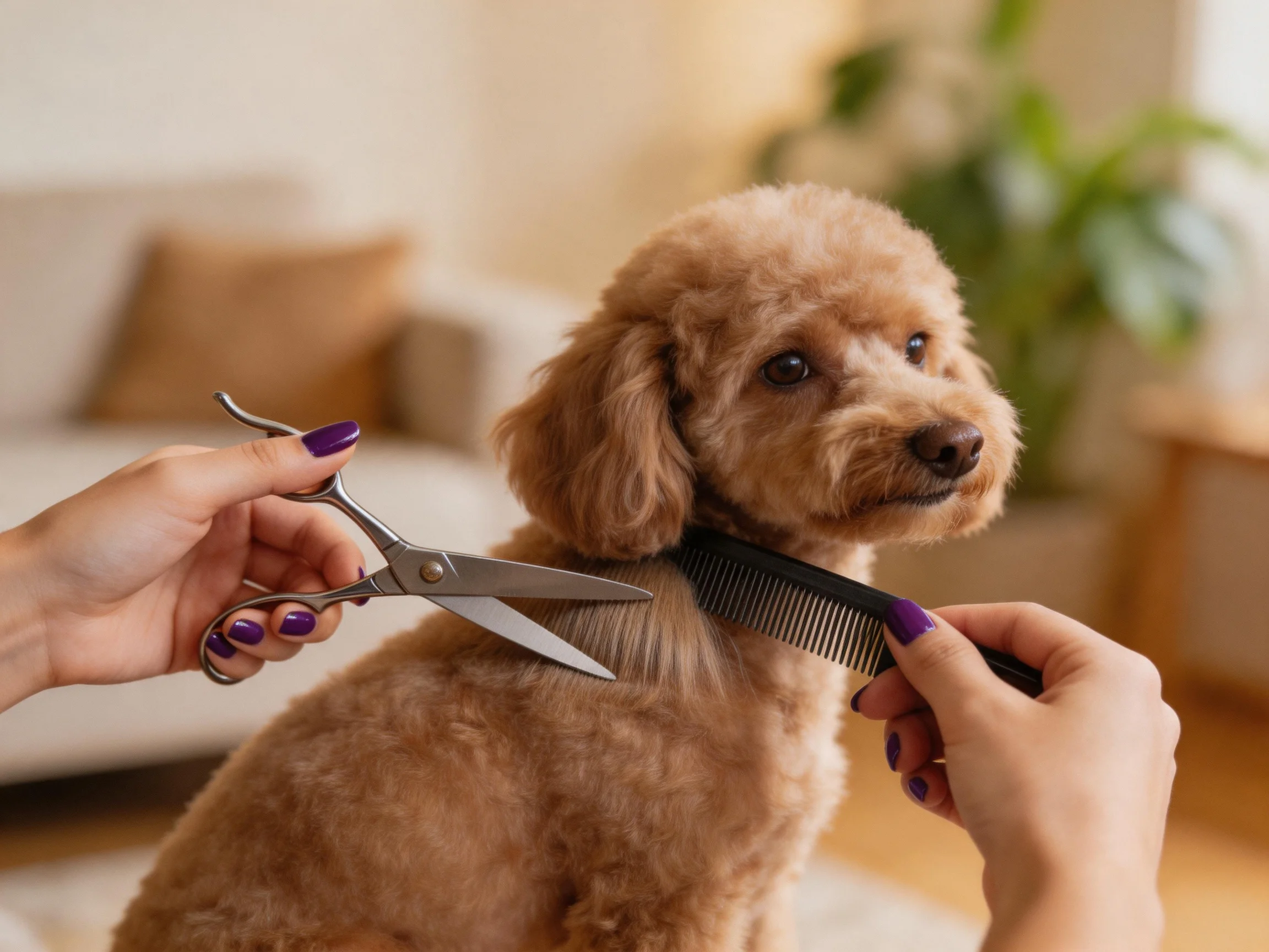 A light brown poodle is groomed with scissors and comb