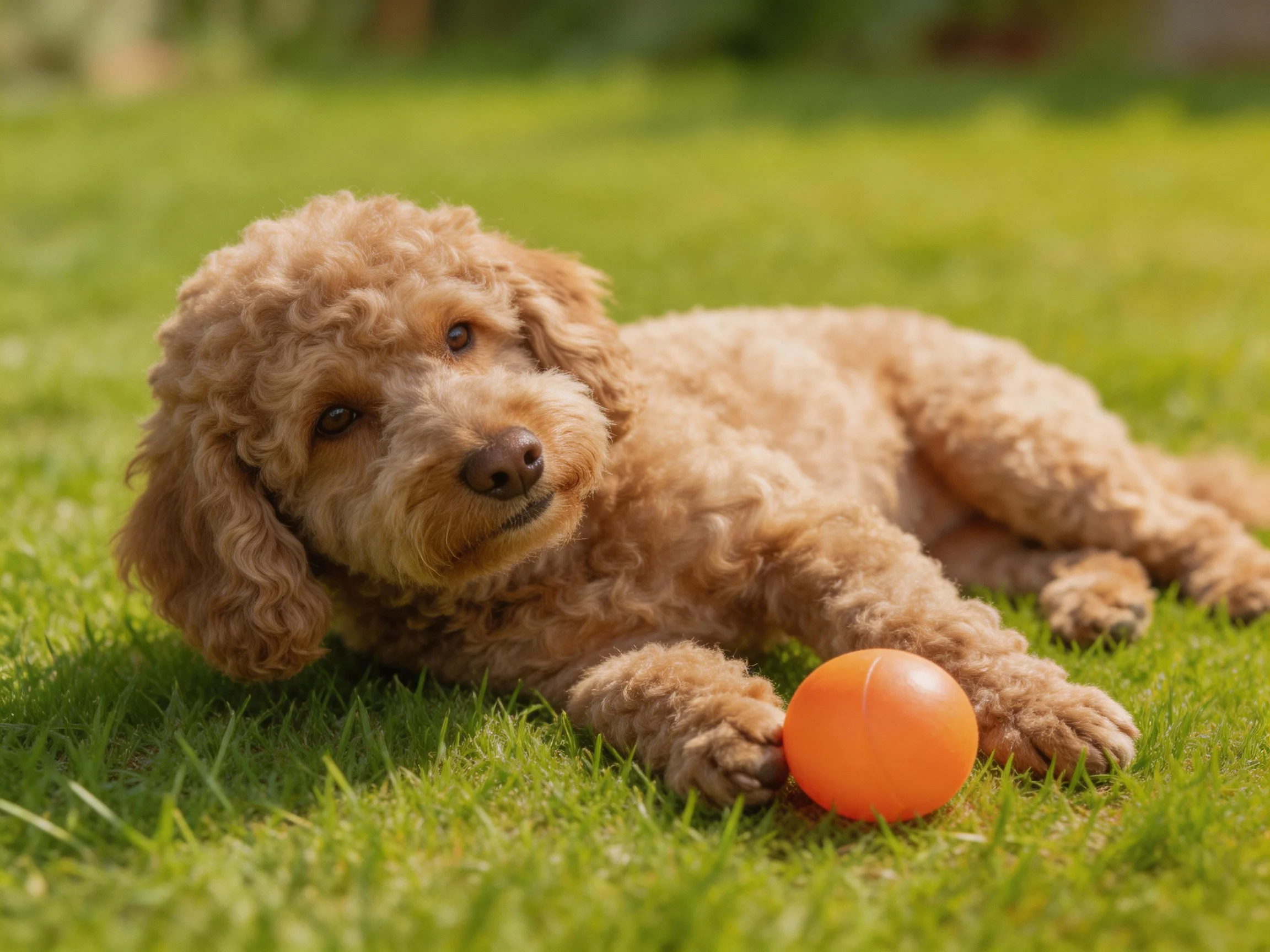 A light brown poodle rests near an orange ball on lush green grass