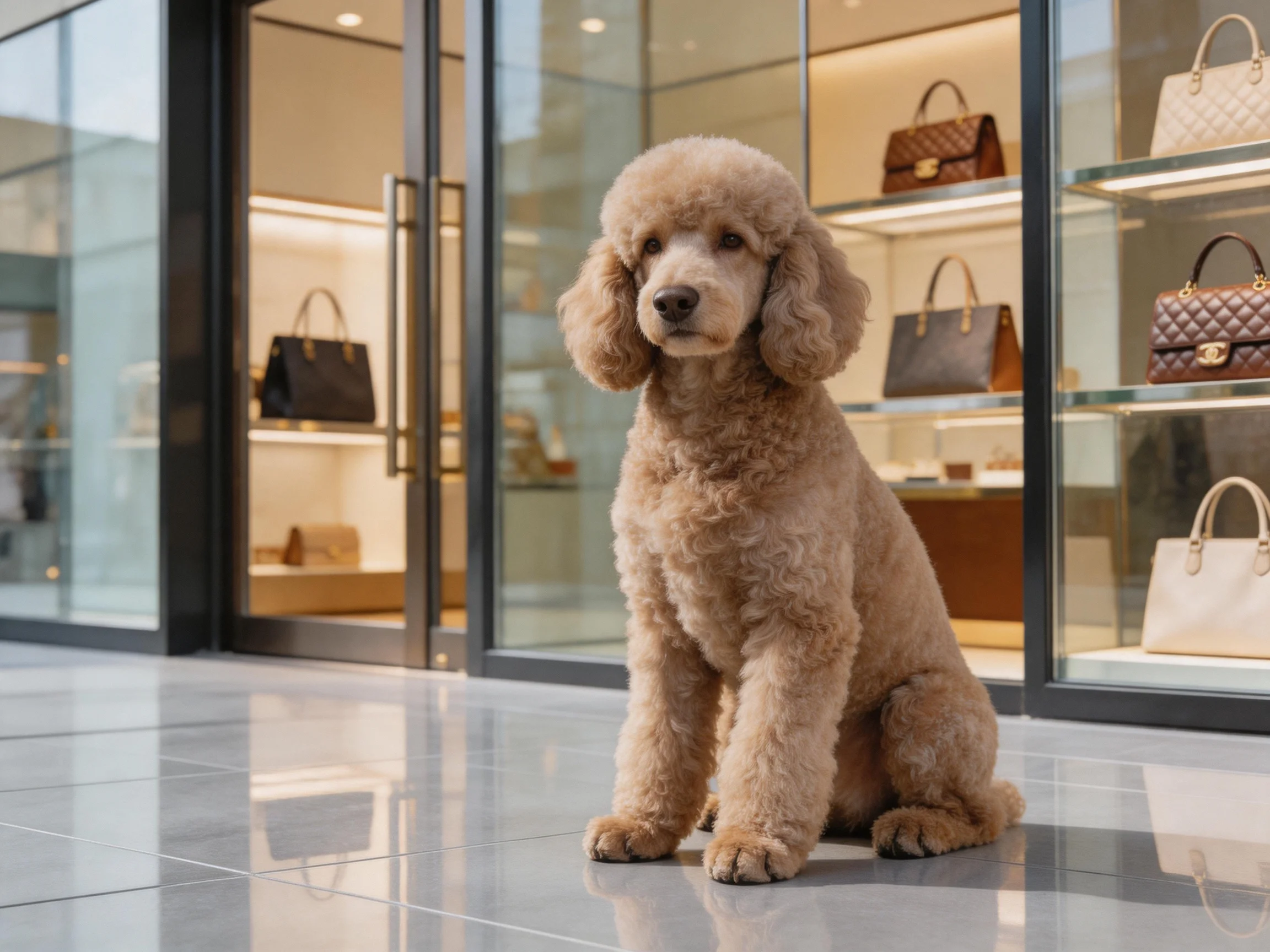 A light brown poodle sits outside a luxury handbag store