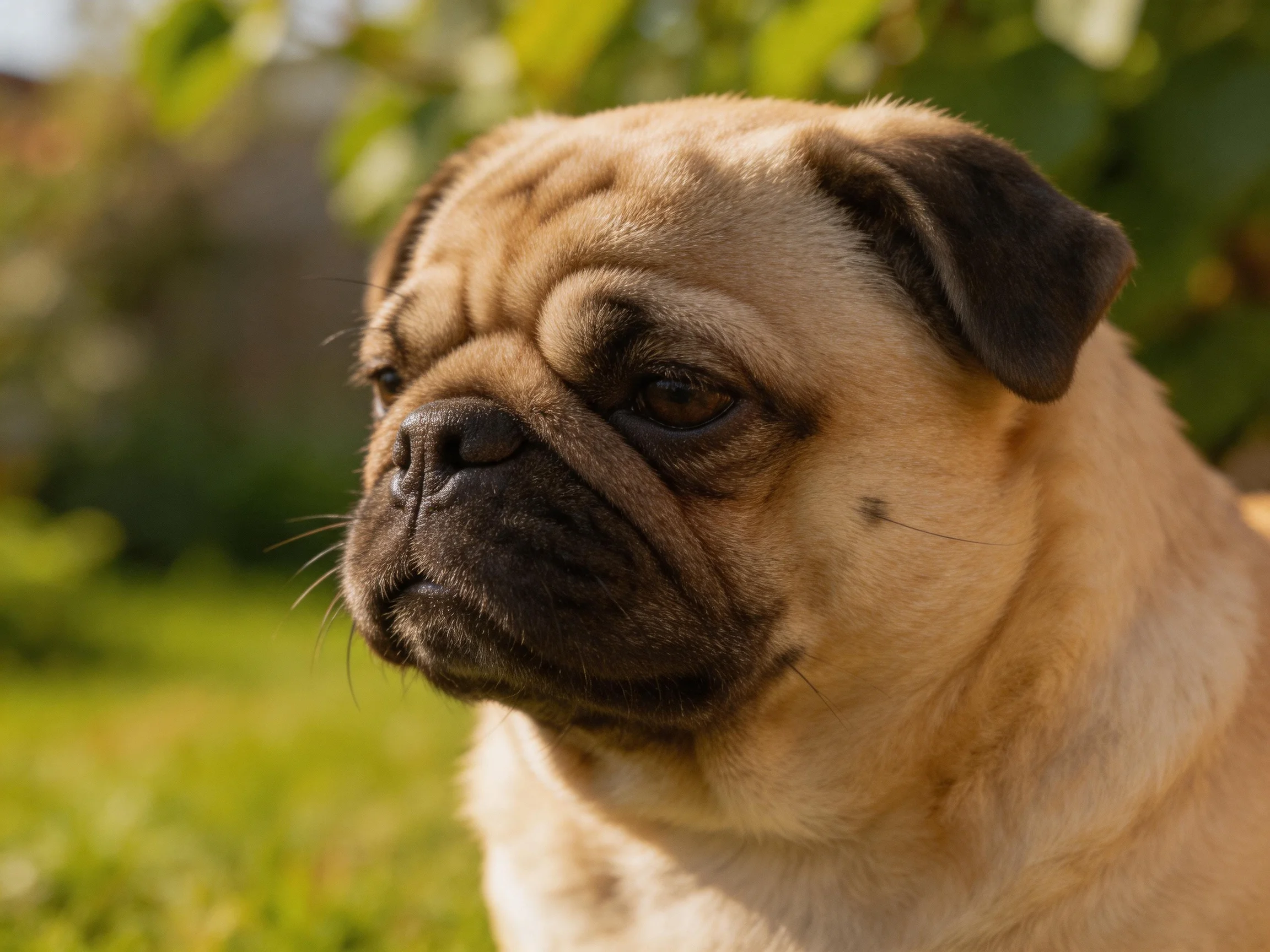 A light brown pug with dark facial markings in a sunlit garden