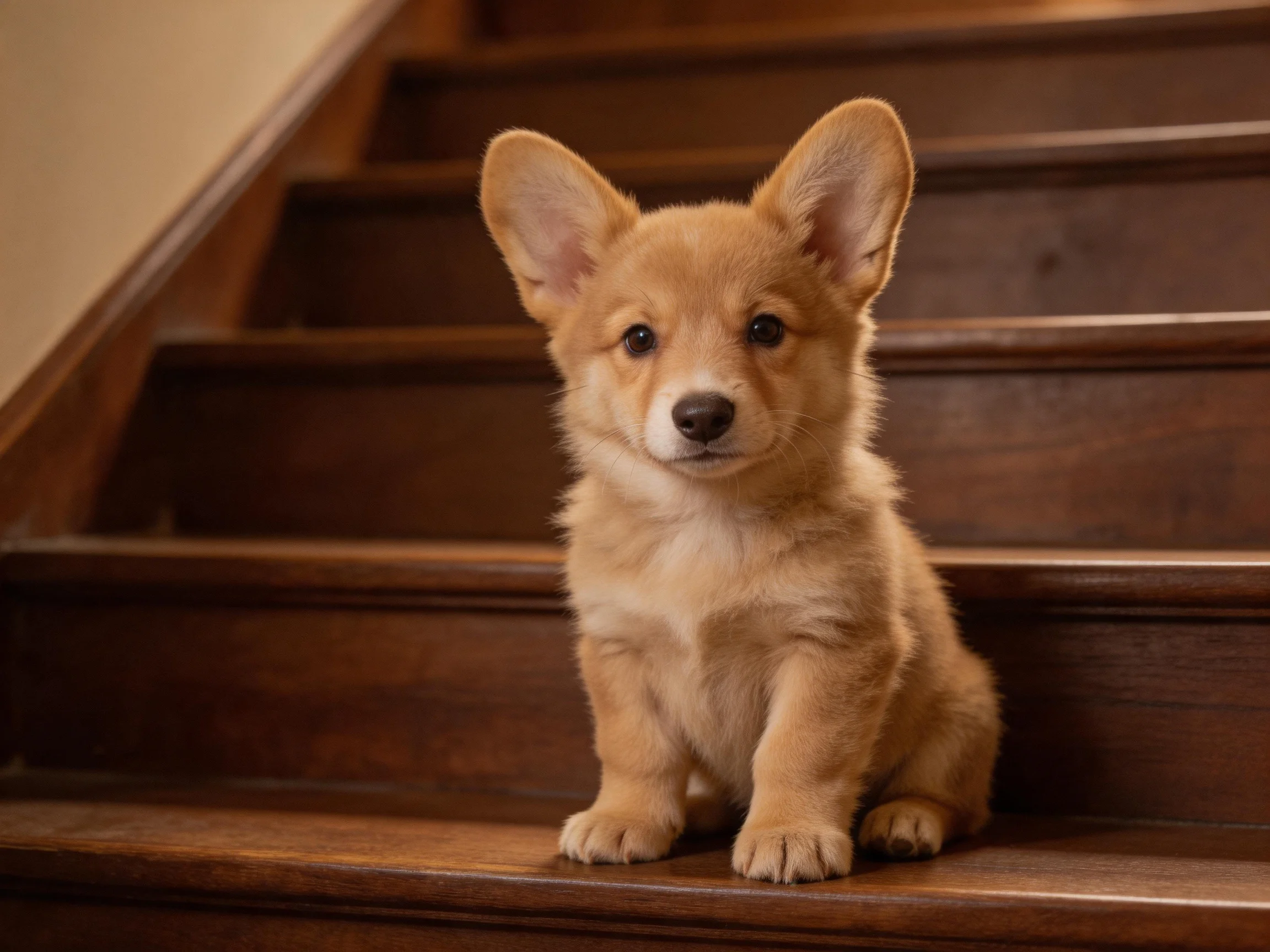 A small tan puppy sits calmly on polished wooden stairs.
