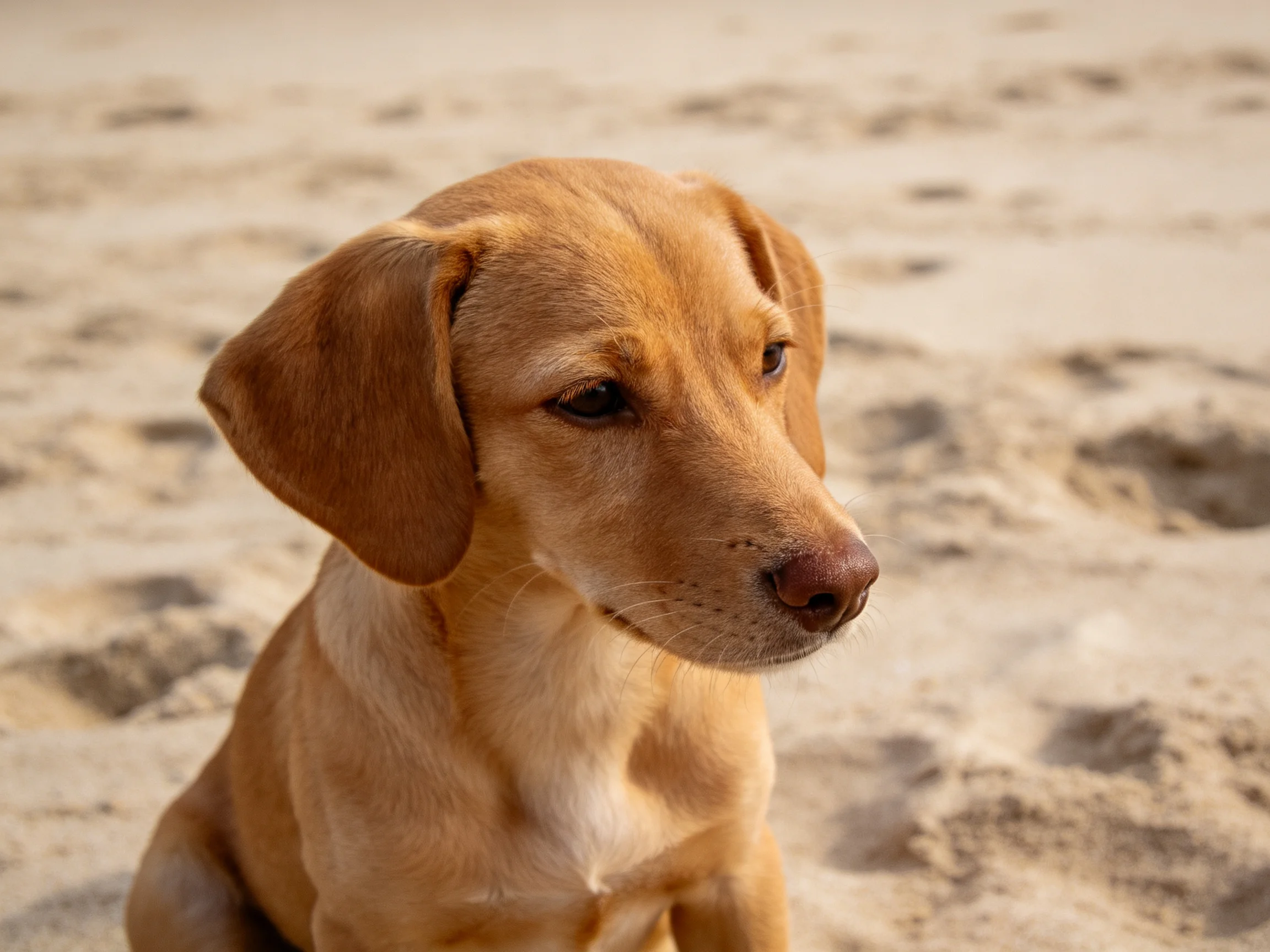 A light brown puppy sitting on sandy terrain with footprints