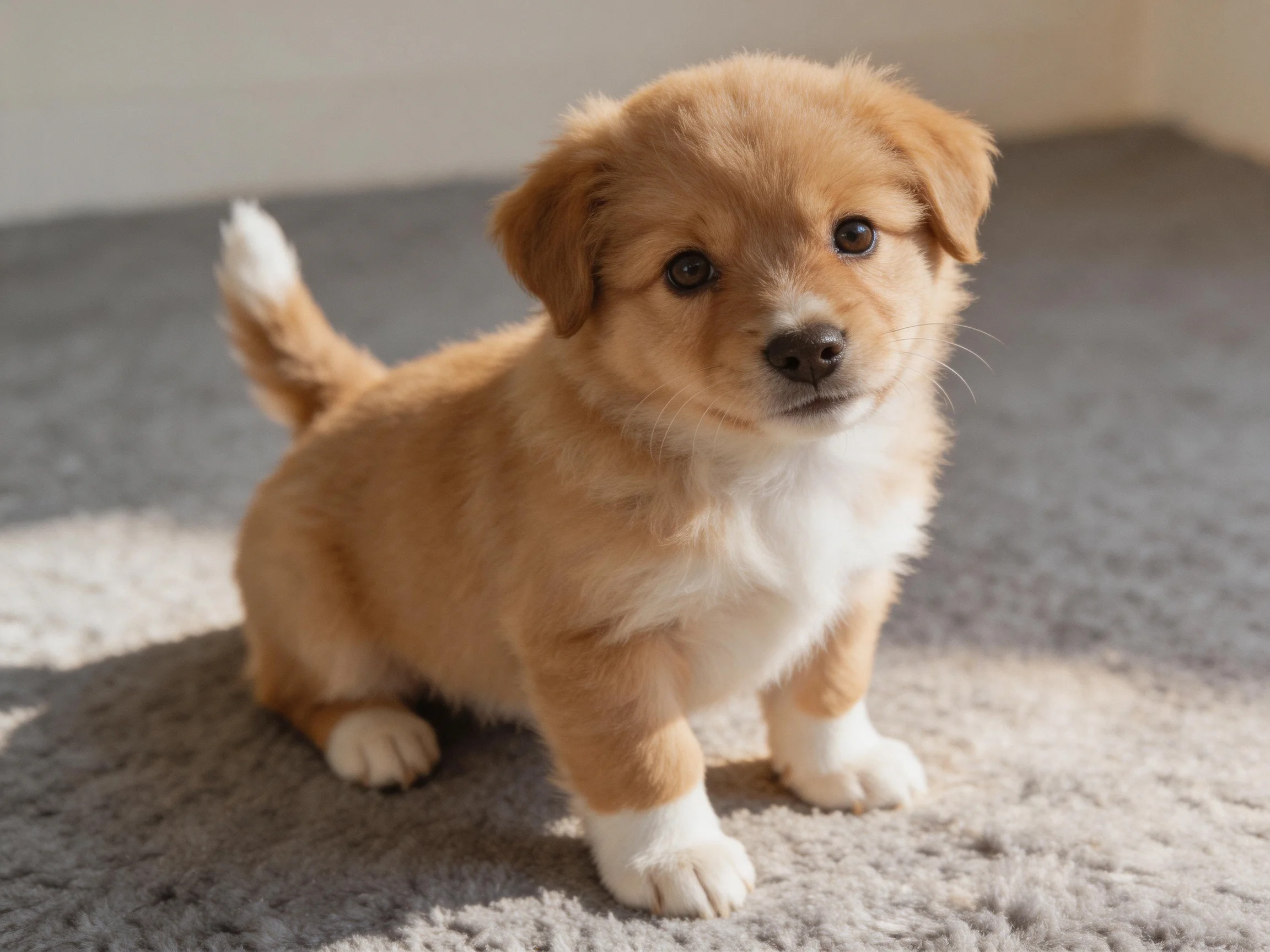 A small light brown puppy withwhite markings sits on a gray carpet.