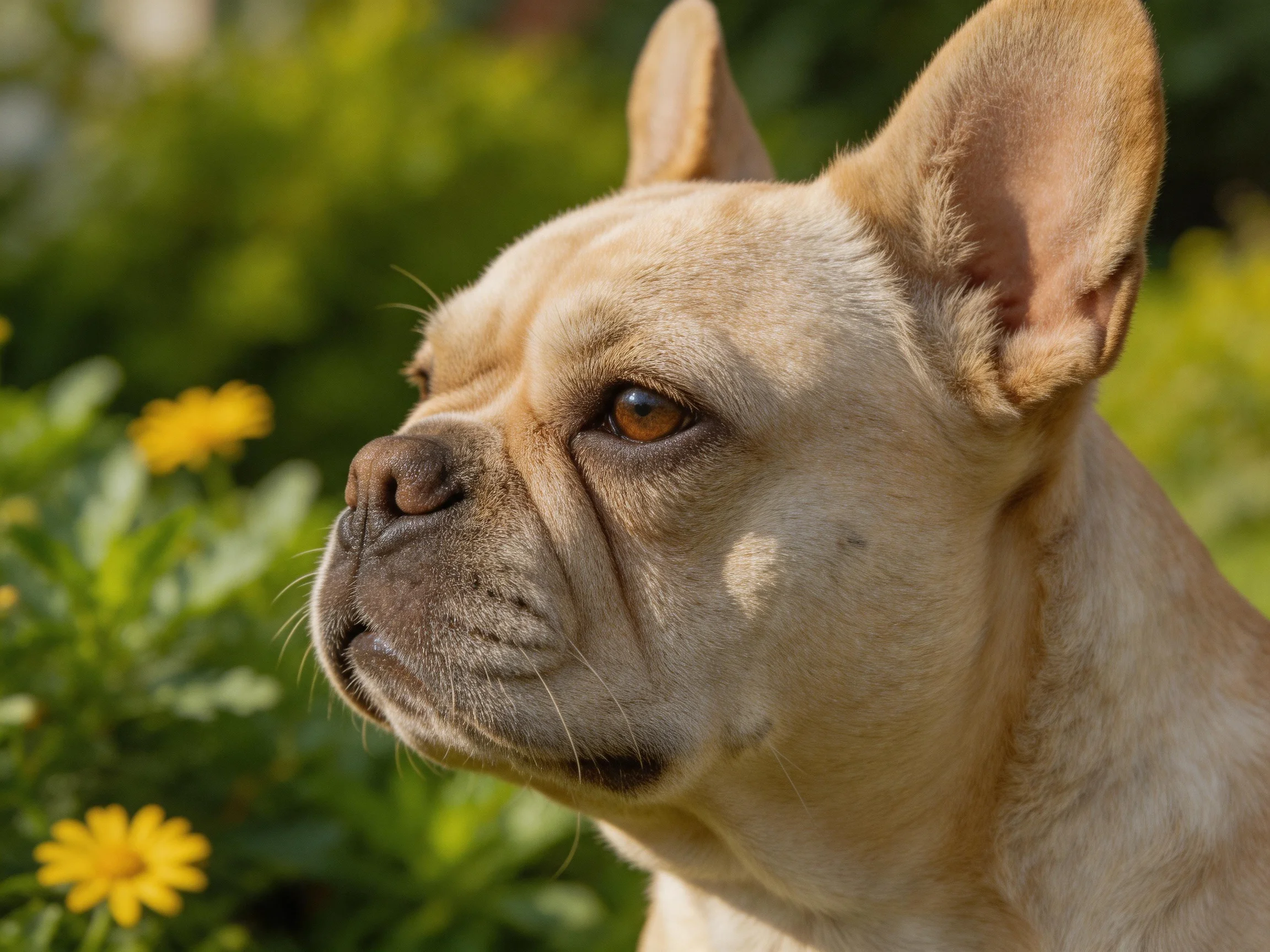 A light tan French bulldog gazes toward yellow flowers in a sunlit garden.