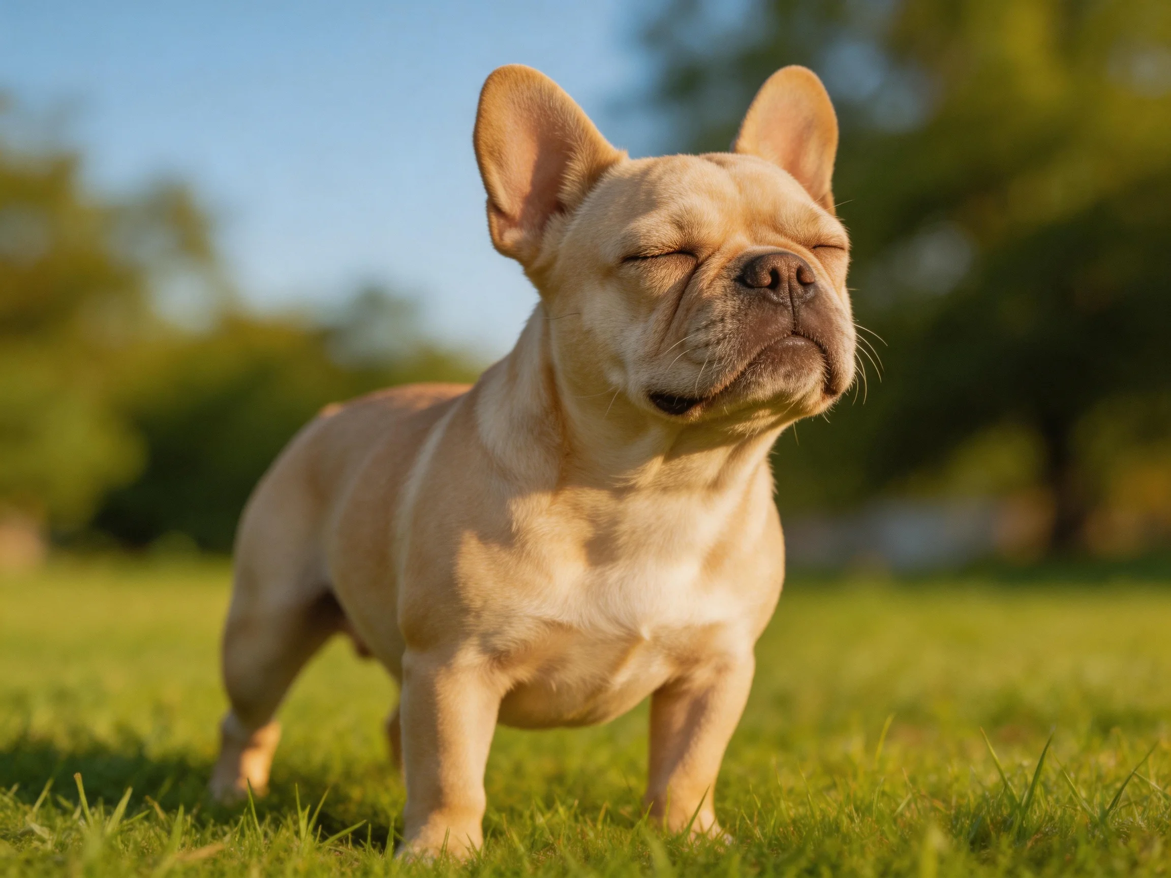 A light tan French bulldog stands on green grass in a sunny park