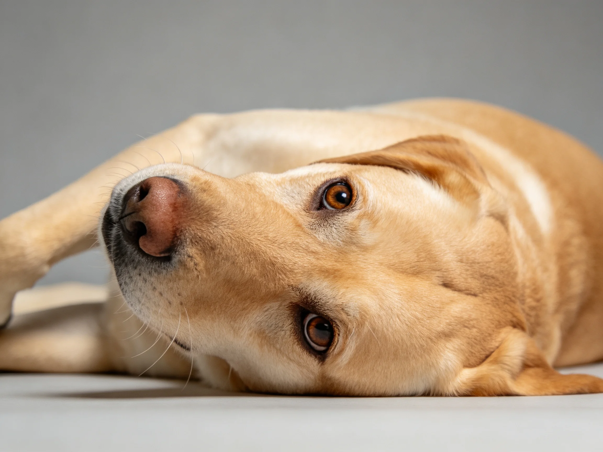 A light tan Labrador Retriever rests on a neutral surface