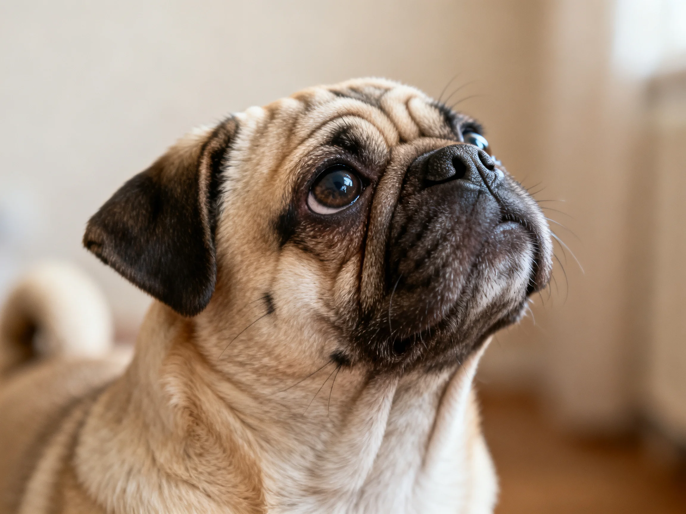 A light tan pug with dark ears gazes upward in a softly lit interior