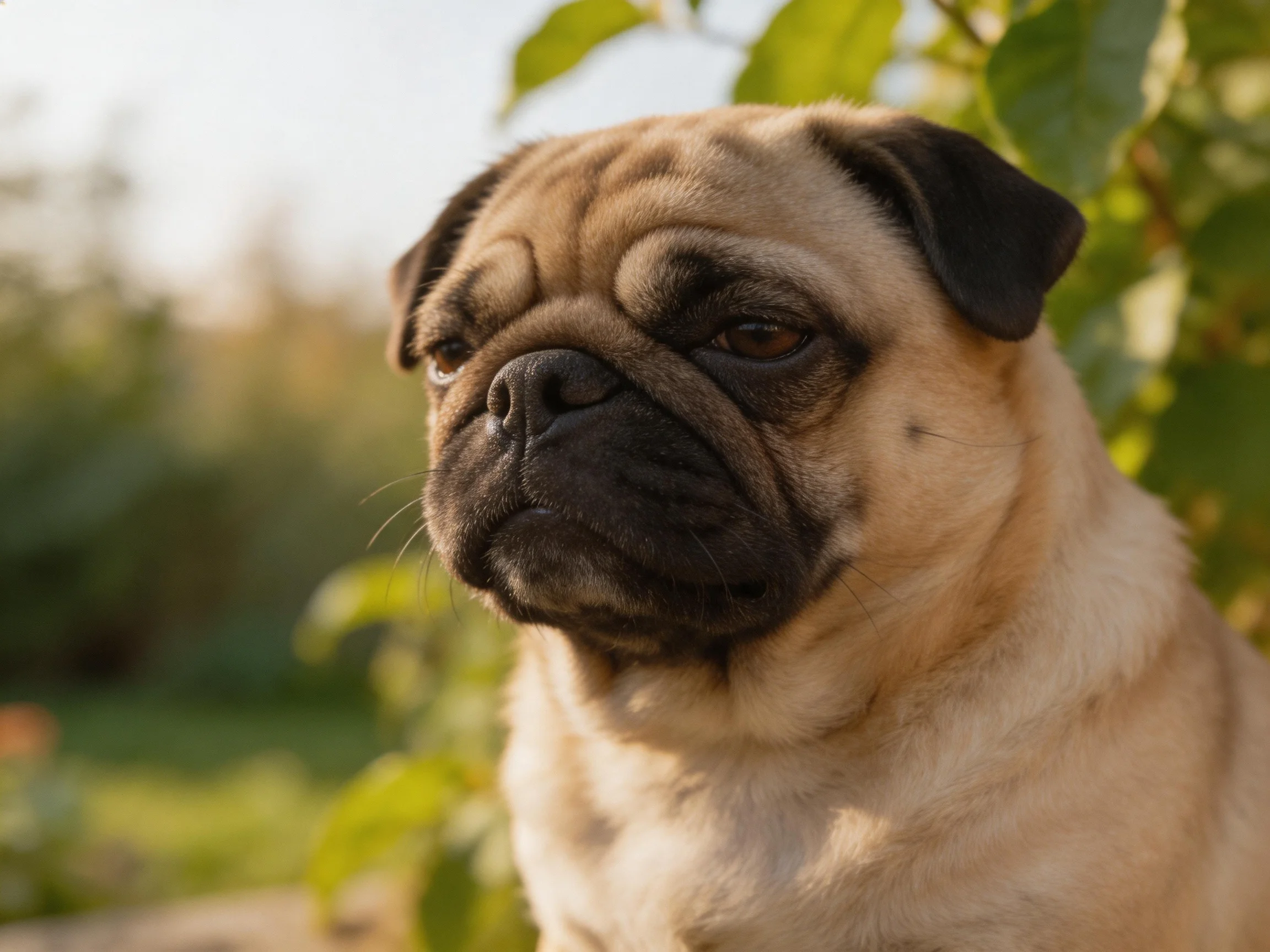 A light tan pug with dark facial markings in a sunlit garden