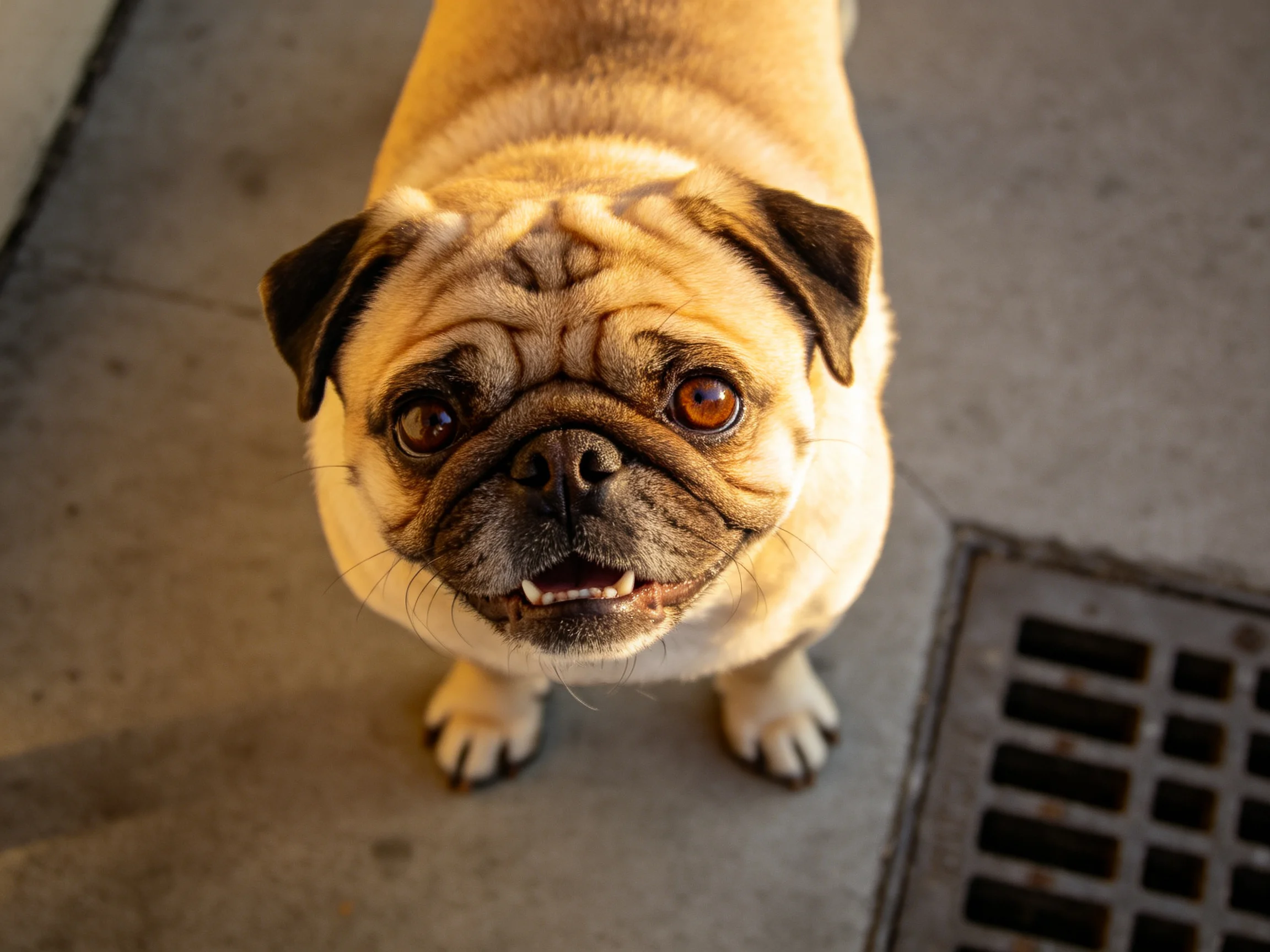 A light tan pug with dark facial markings stands on a concrete sidewalk beside a metal grate