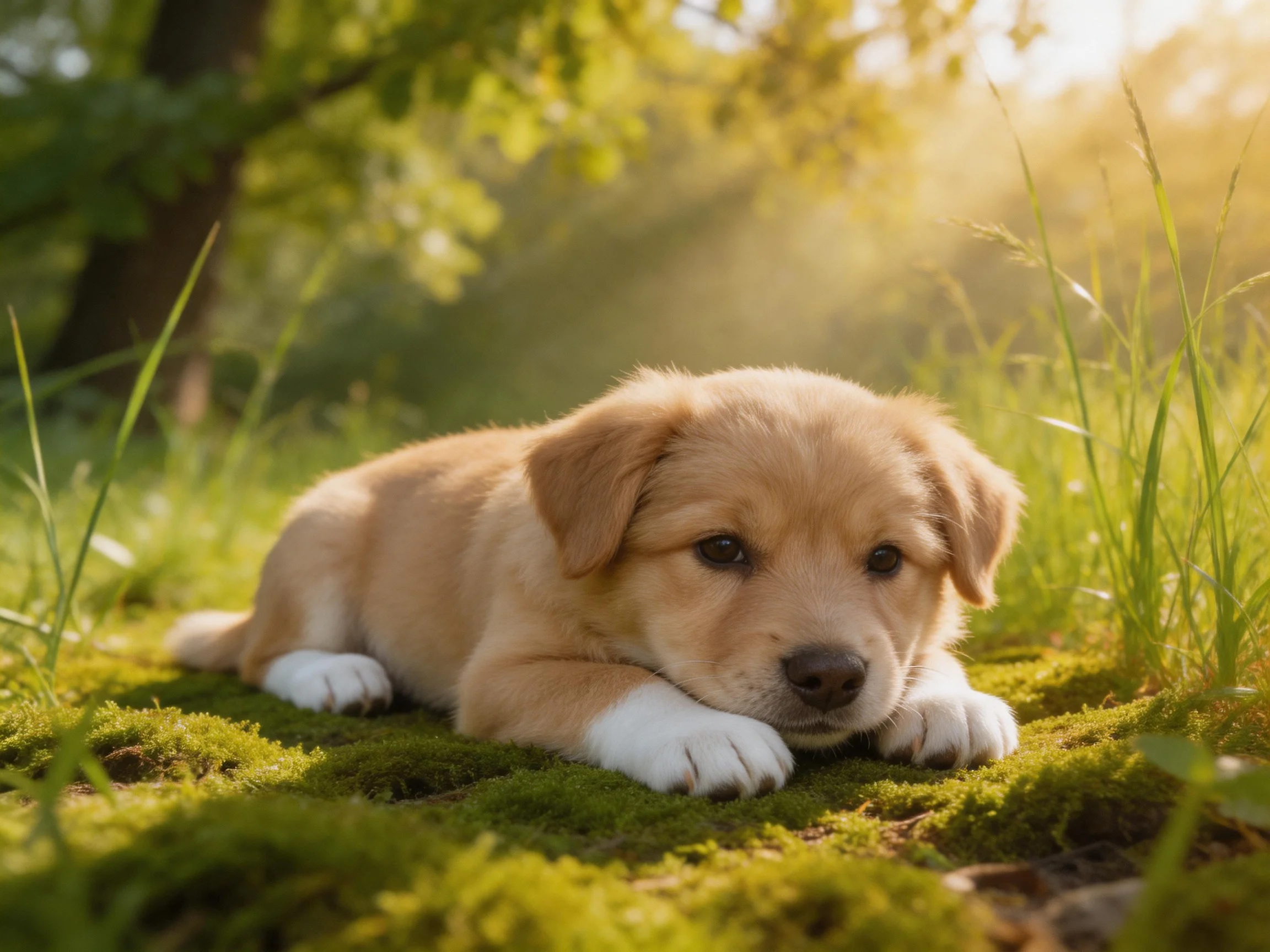 A light tan puppy rests on moss amid tall grass under warm sunlight
