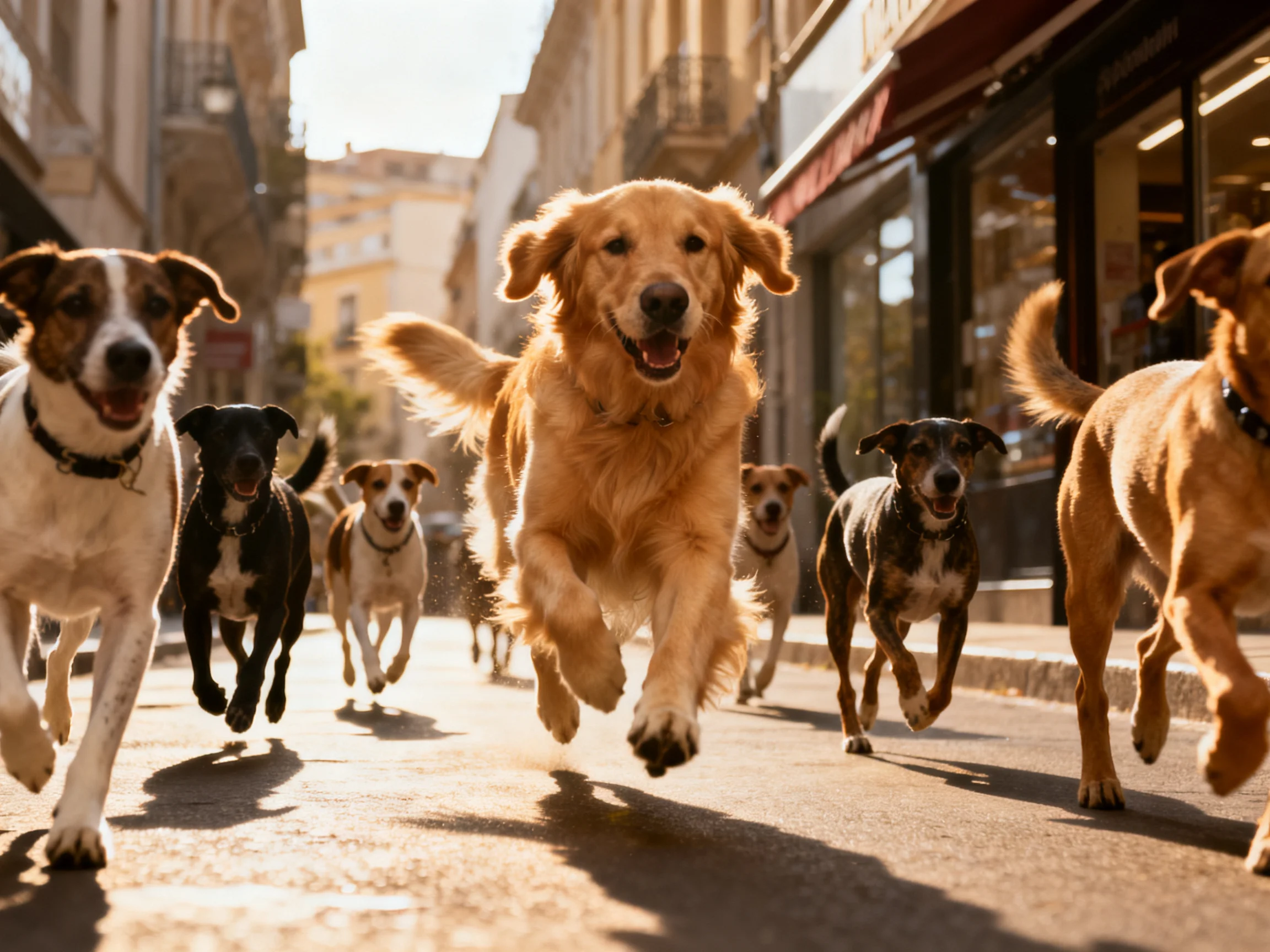 A lively group of mixed-breed dogs runs down a sunlit urban street