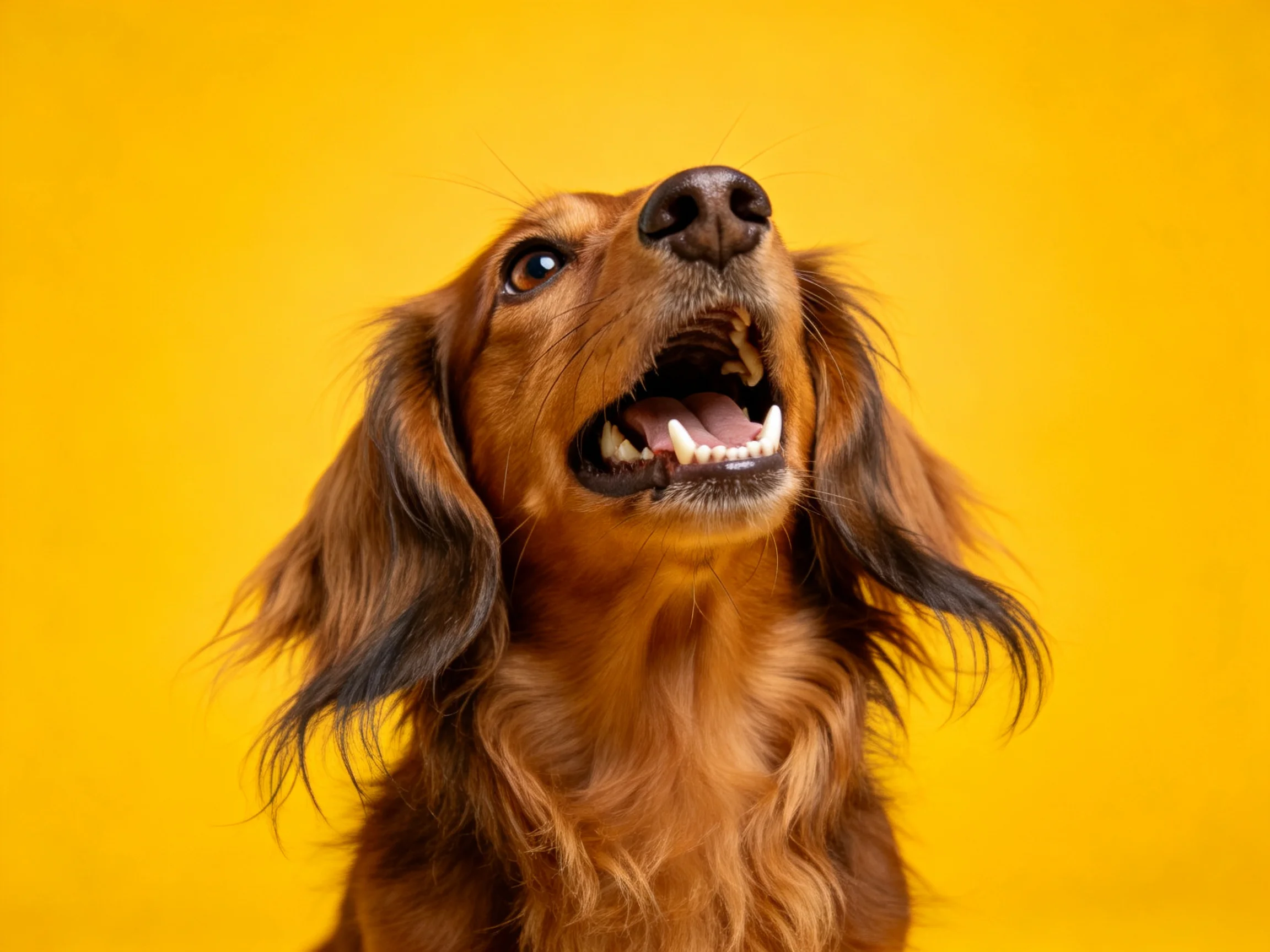 A long - haired brown dog with open mouth against bright yellow backdrop