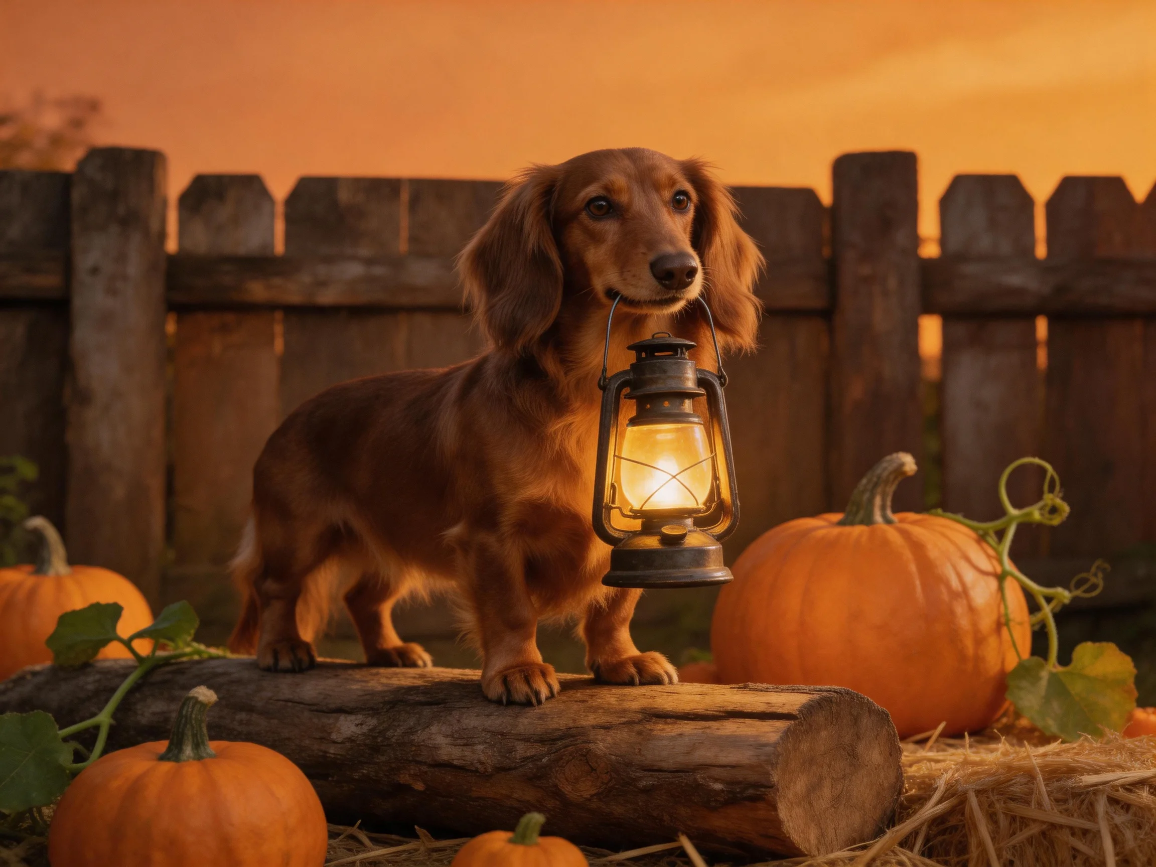 A long-haired brown dog holds a lit lantern near orange pumpkins