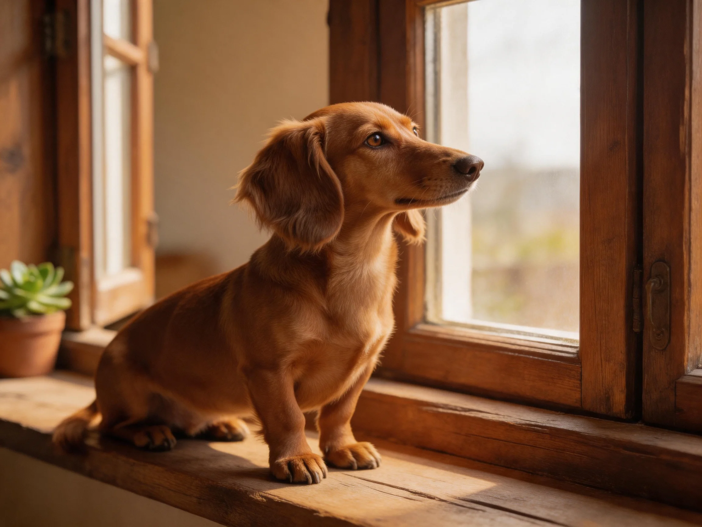 A long-haired brown dog sits on a wooden windowsill by an open window