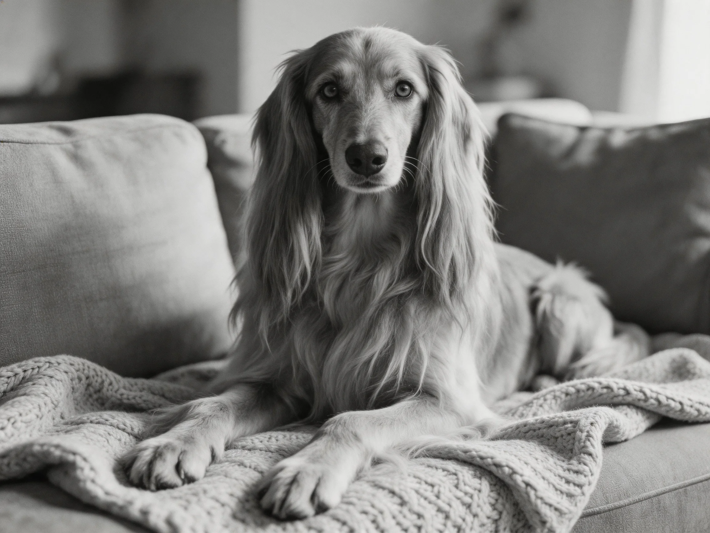 A long-haired dog lounges on a couch with a knitted blanket