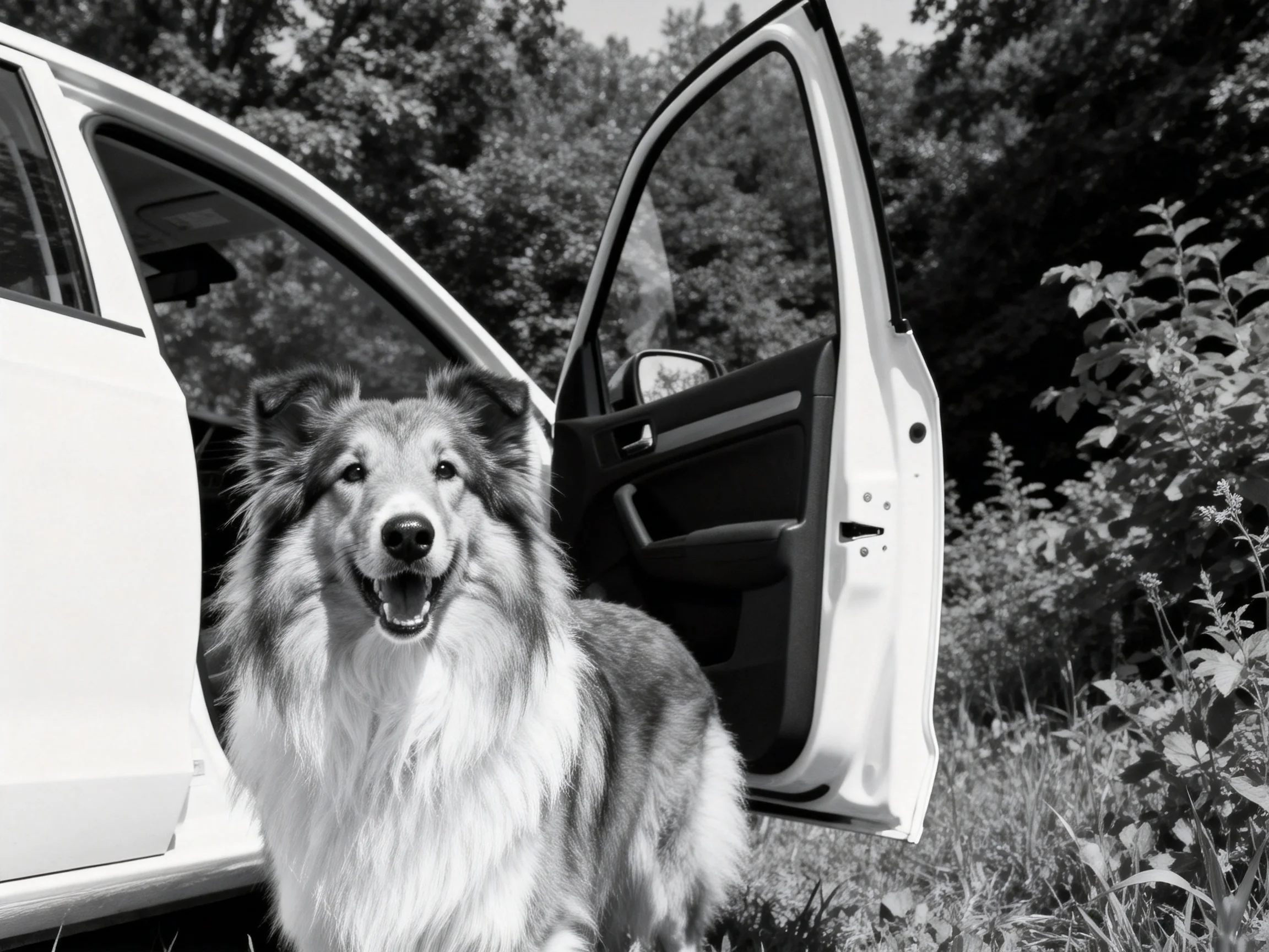 A long-haired dog near an open white car door outdoors