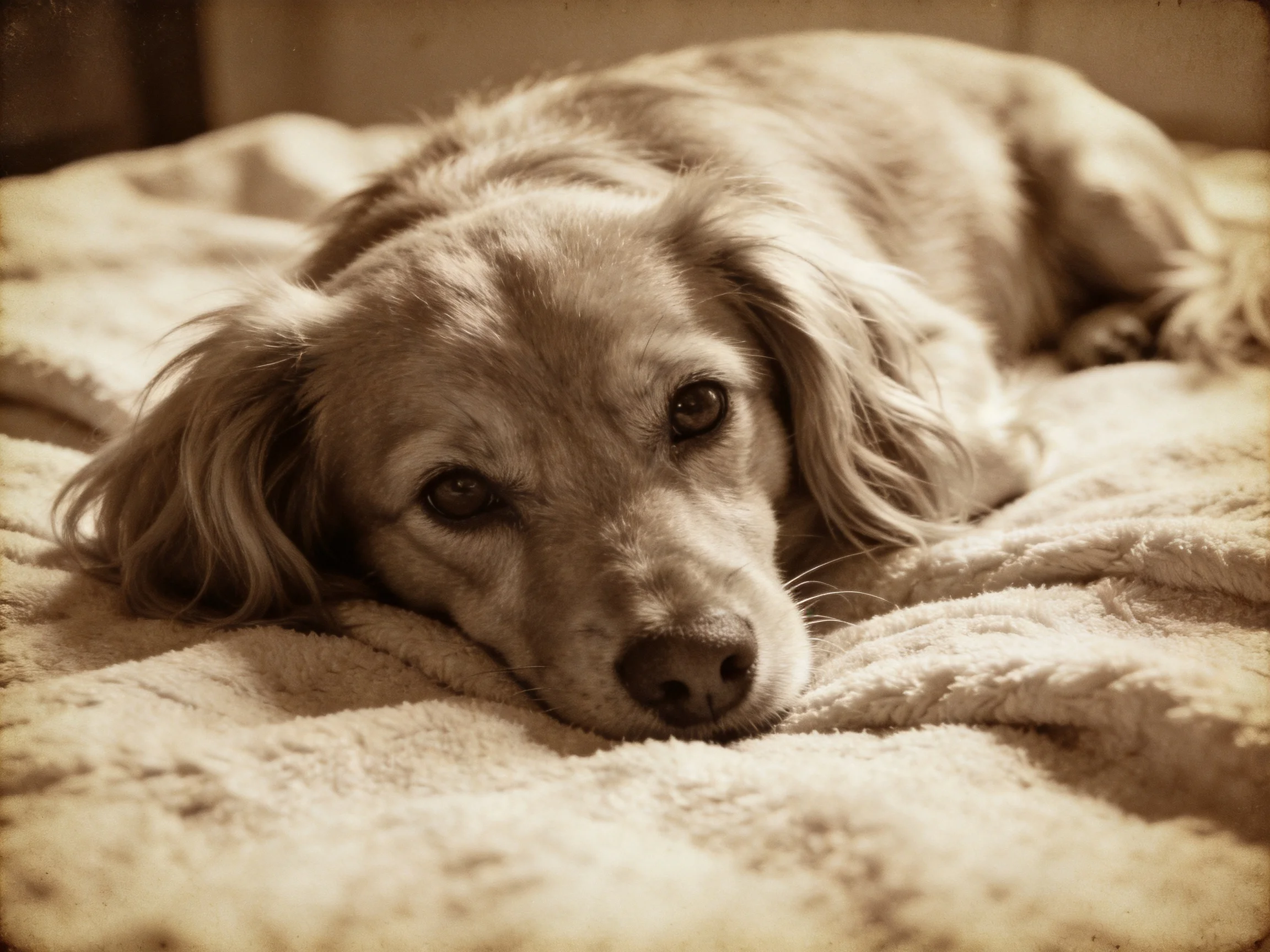 A long-haired dog rests on a soft, plush blanket