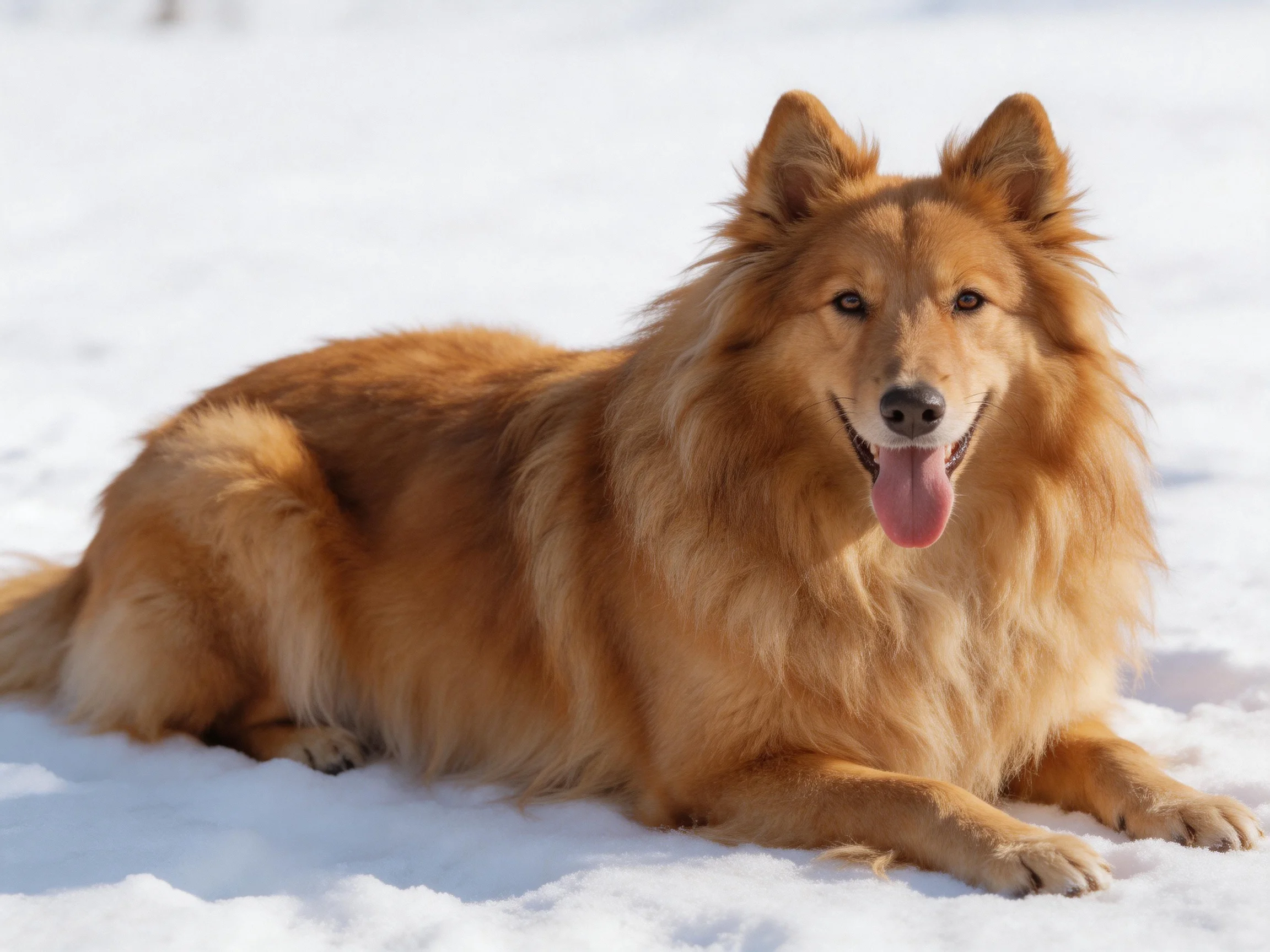 A long-haired golden dog rests on bright snowy terrain