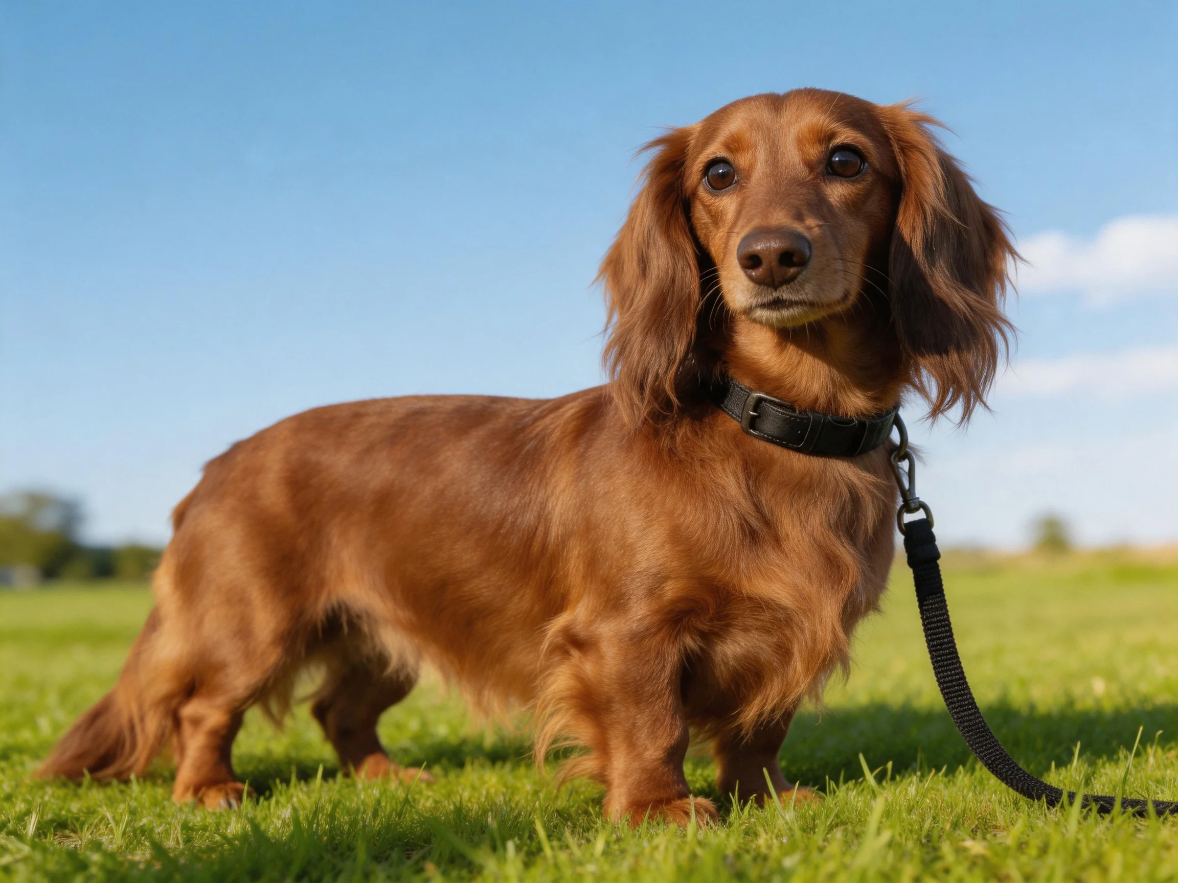 A long-haired reddish-brown dog stands on green grass in a sunny outdoor setting.