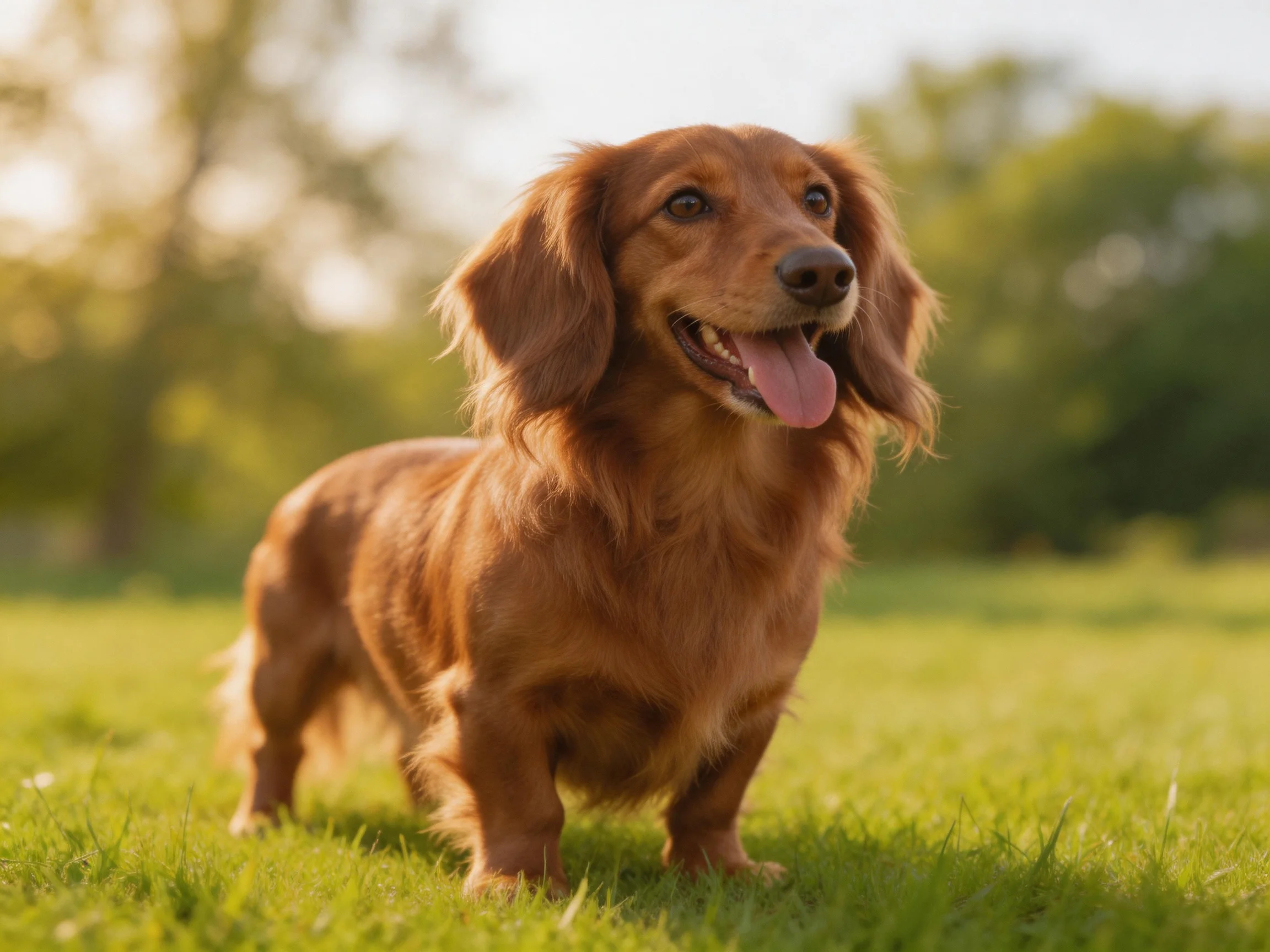 A long-haired reddish-brown dog stands on lush green grass