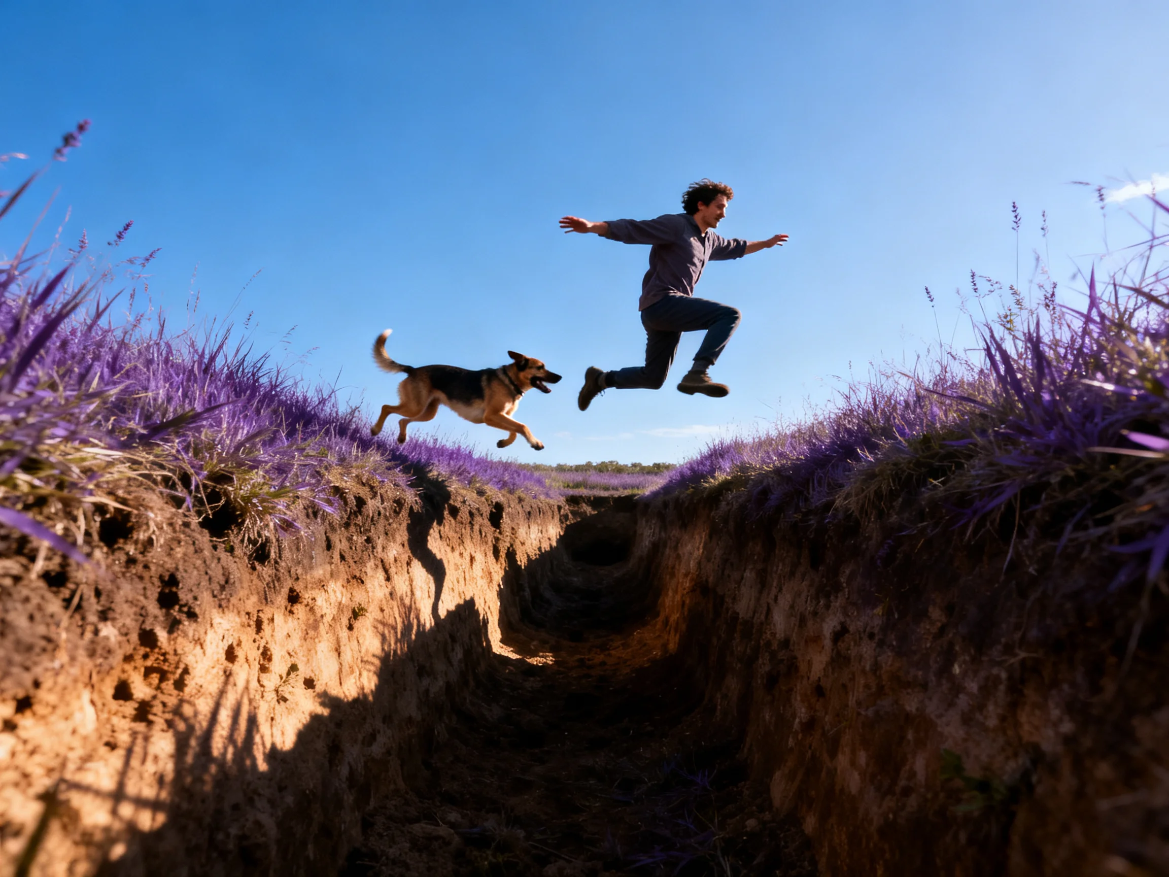 A man and German Shepherd leap over a deep trench in purple lavender fields