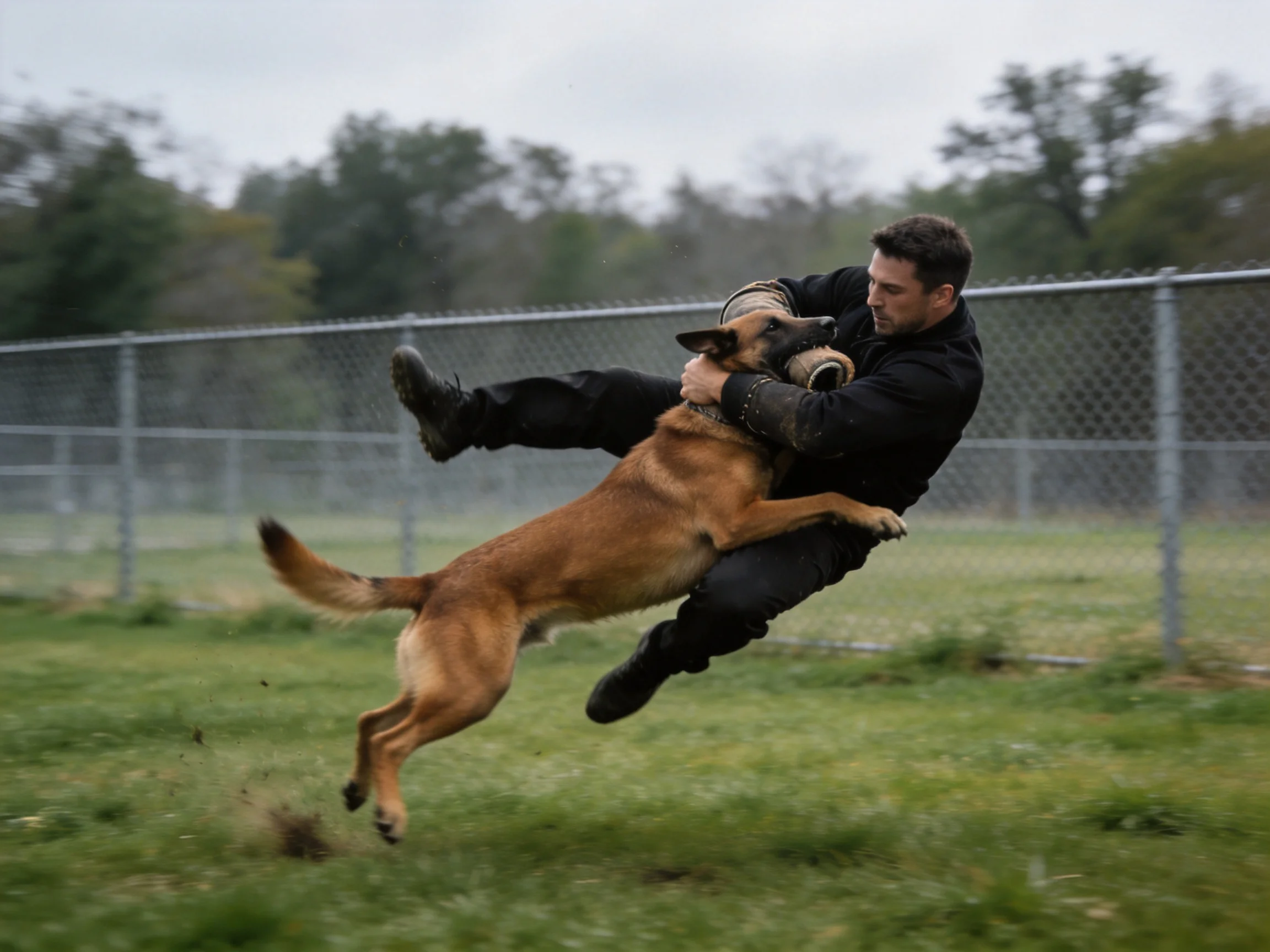 A man and his brown working dog leap into the air during training.