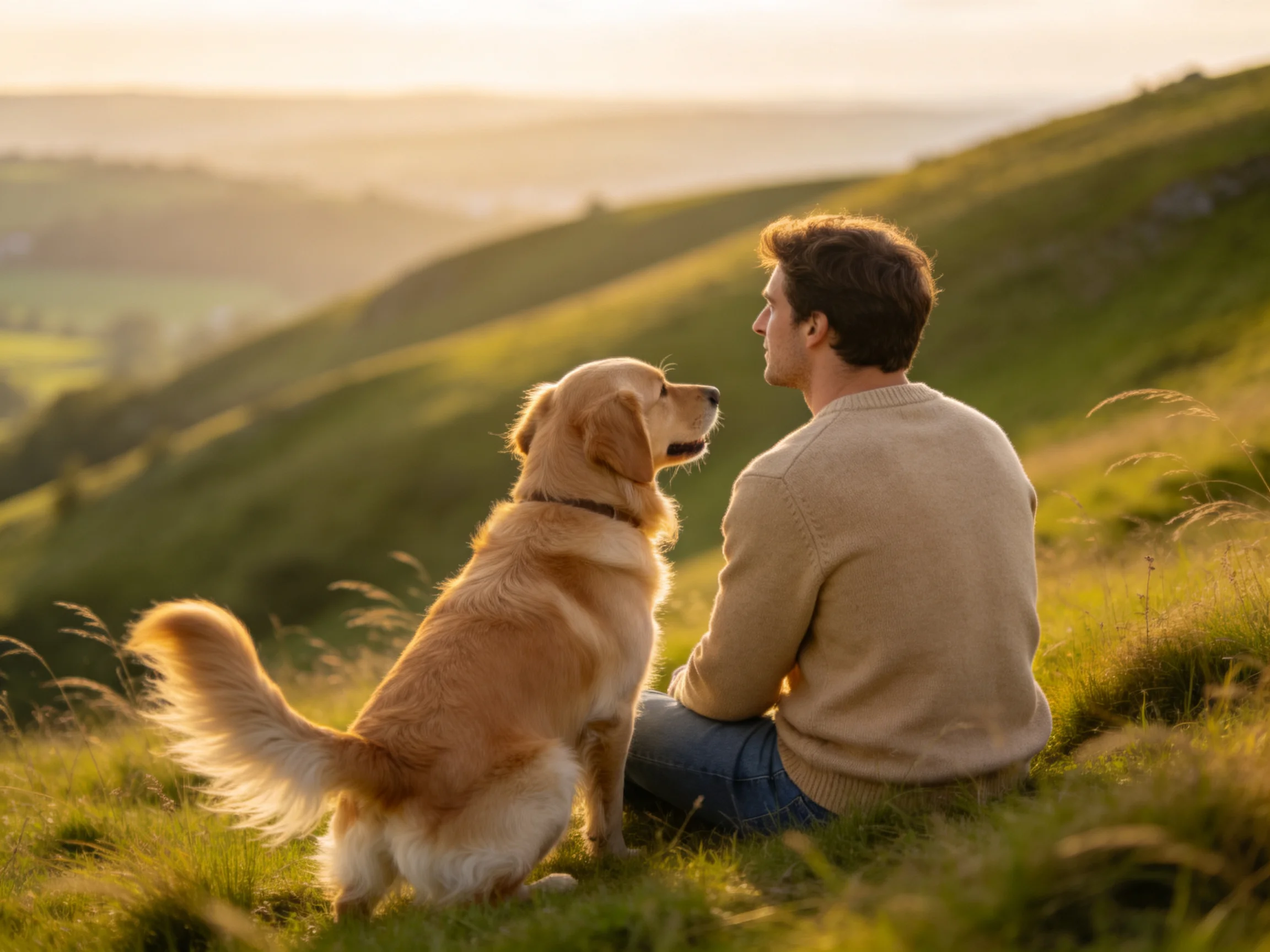 A man and golden retriever sit on lush green hills during golden hour