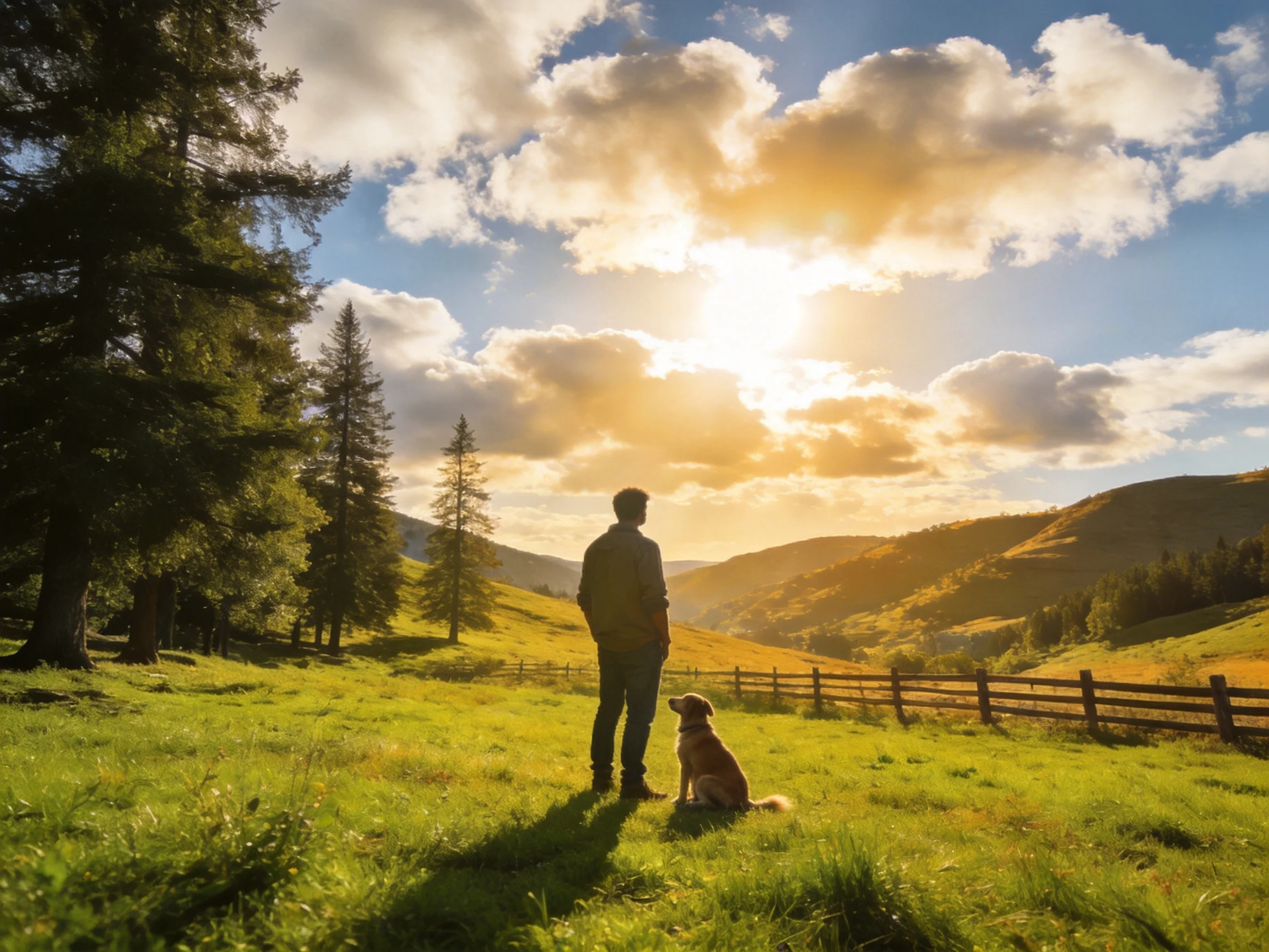 A man and his dog enjoy tranquility in a sunlit meadow surrounded by nature.