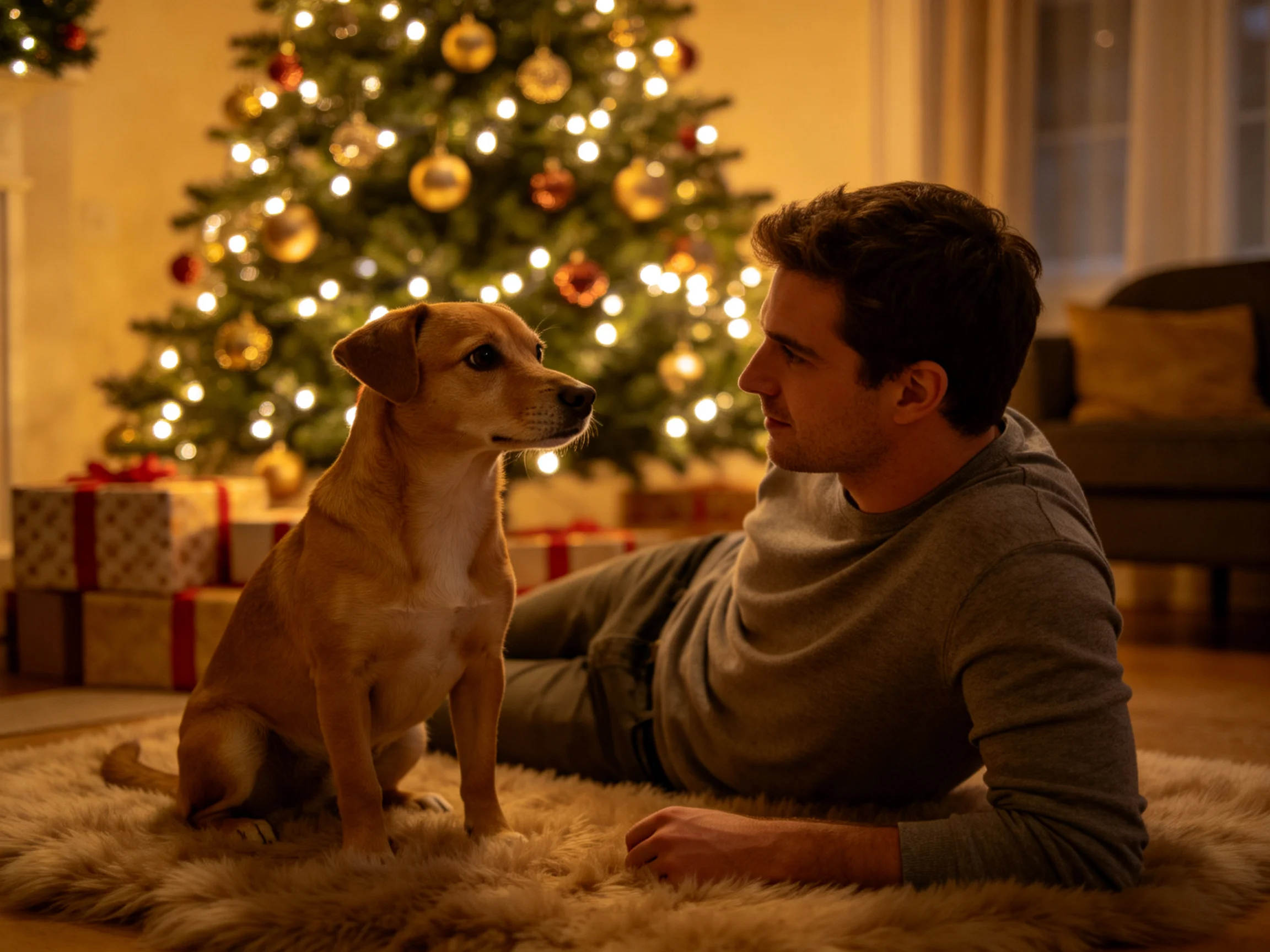 A man and tan dog relax near a lit Christmas tree with wrapped presents