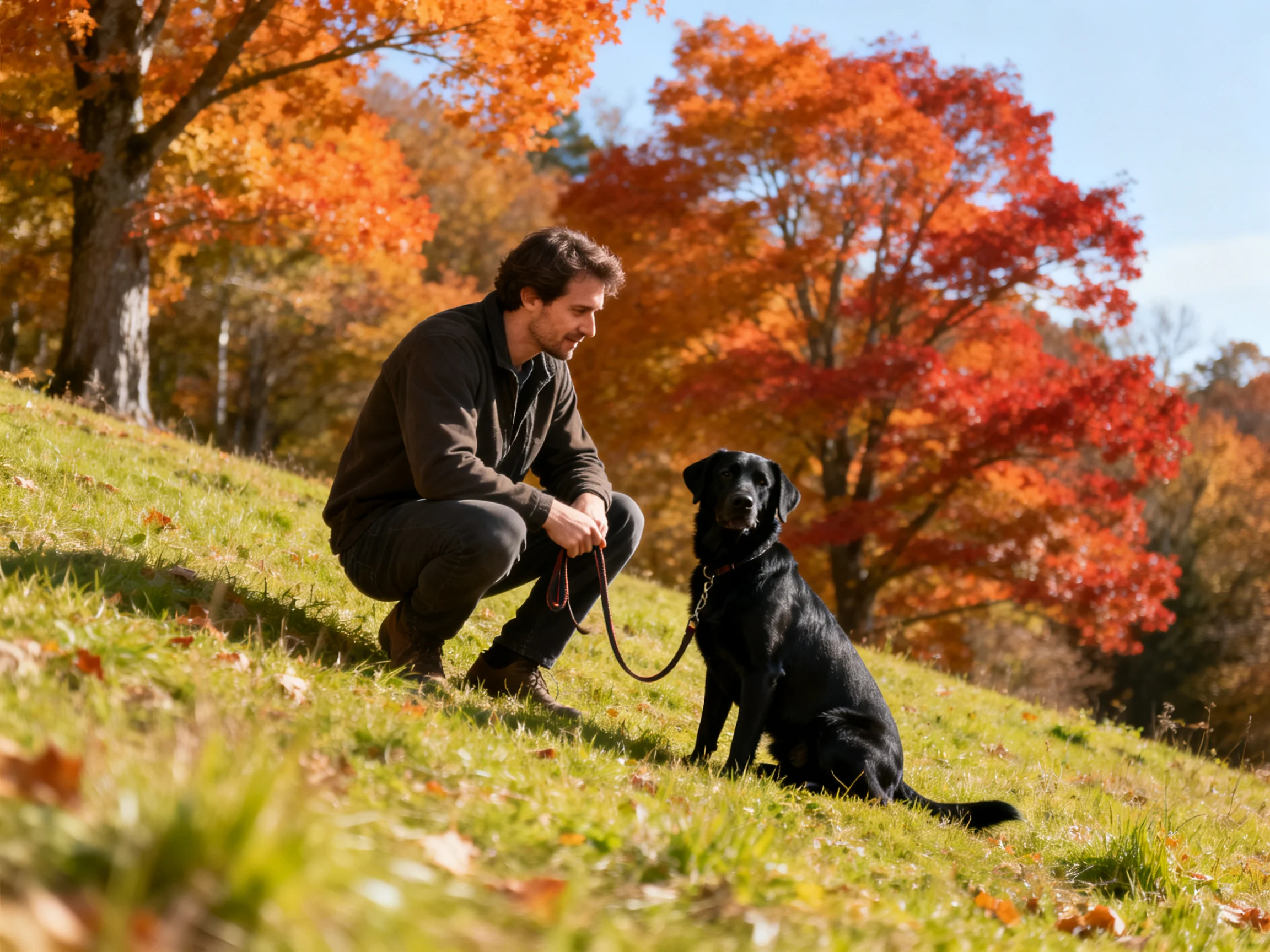 A man crouches beside a black dog on a grassy hill with colorful fall trees