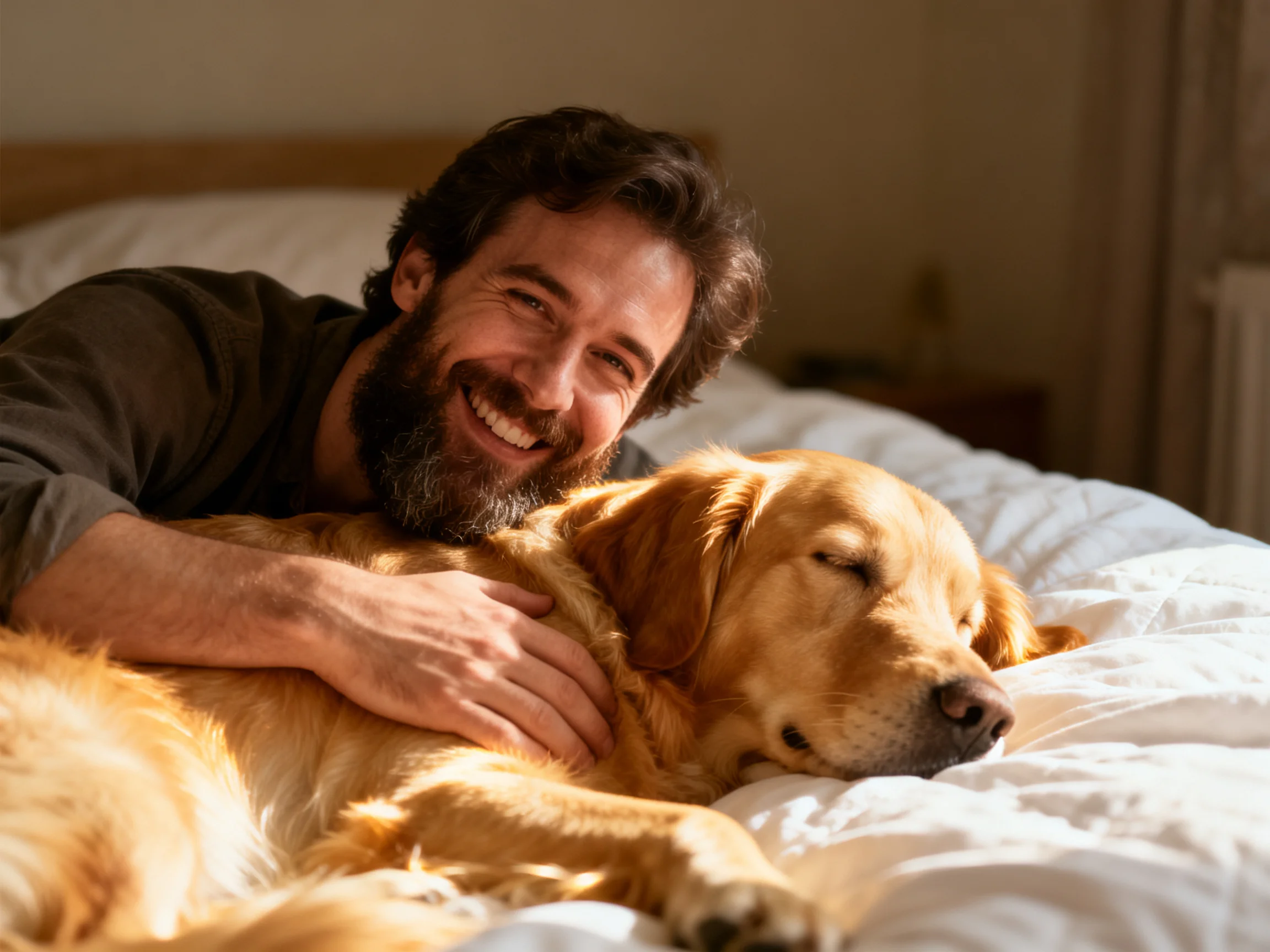 A man cuddles his golden retriever while resting on a bed.