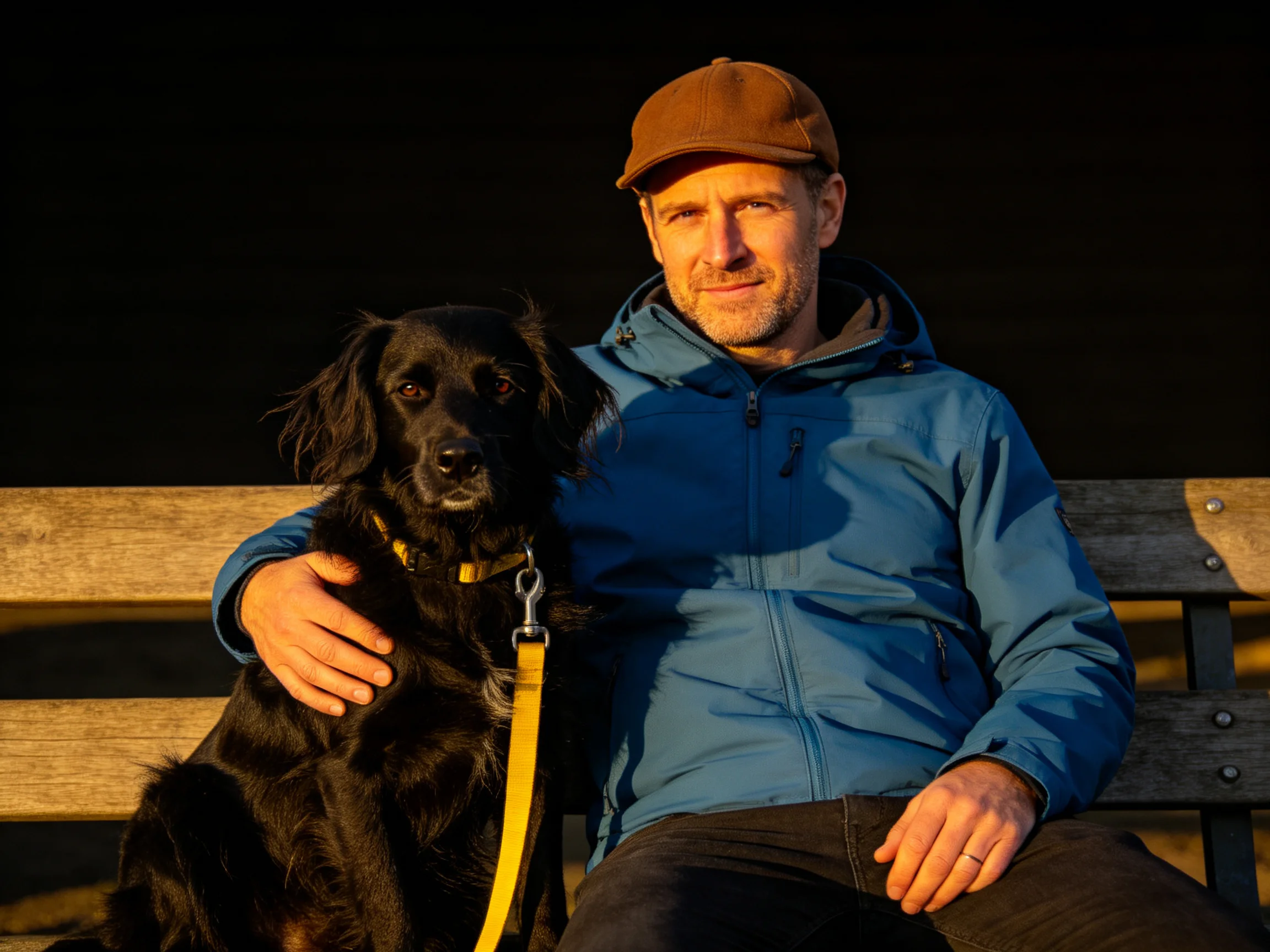 A man in a blue jacket sits on a wooden bench with his black dog wearing a yellow leash