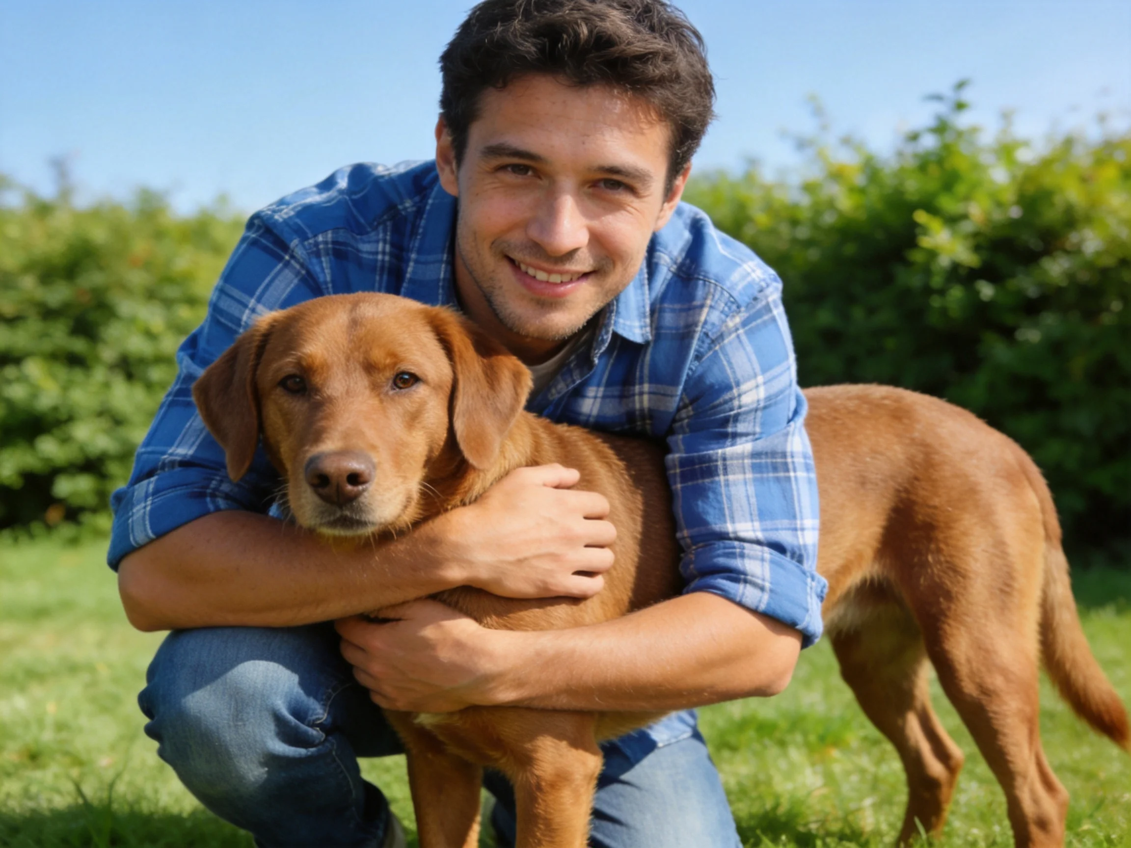 A man in a blue plaid shirt hugs a brown dog in a sunny green field