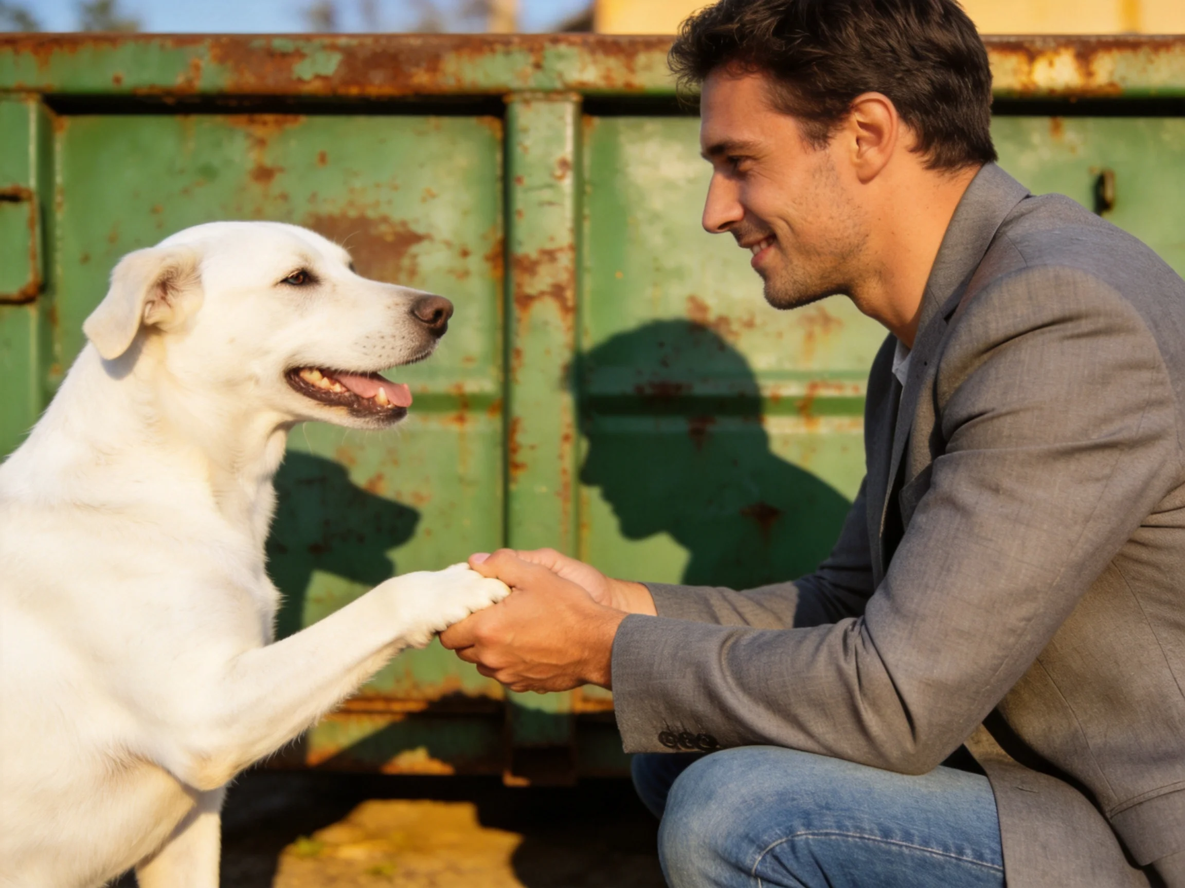 A man in a gray blazer shakes hands with a white dog near a rusted green container